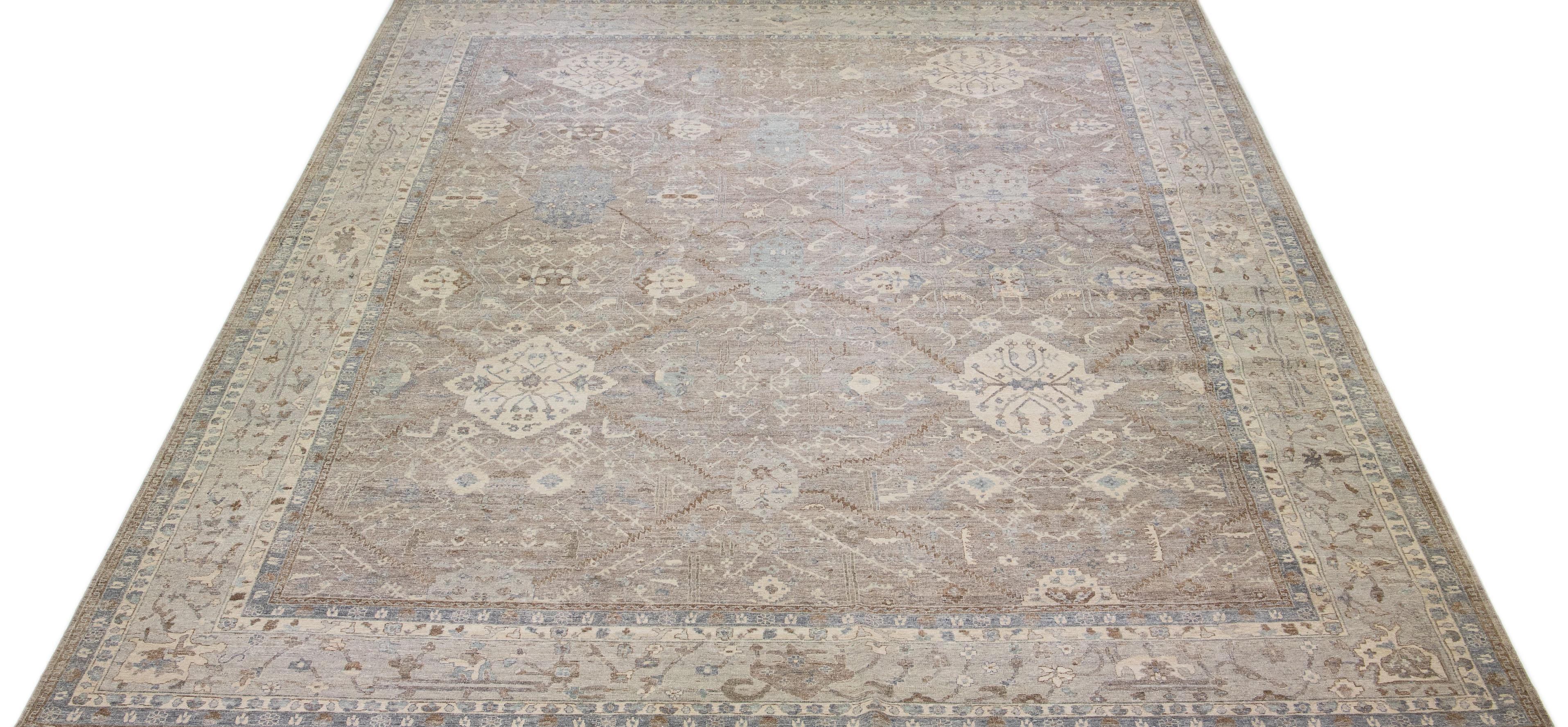 Contemporary Gray Modern Tabriz Handmade Floral Indian Wool Rug By Apadana For Sale