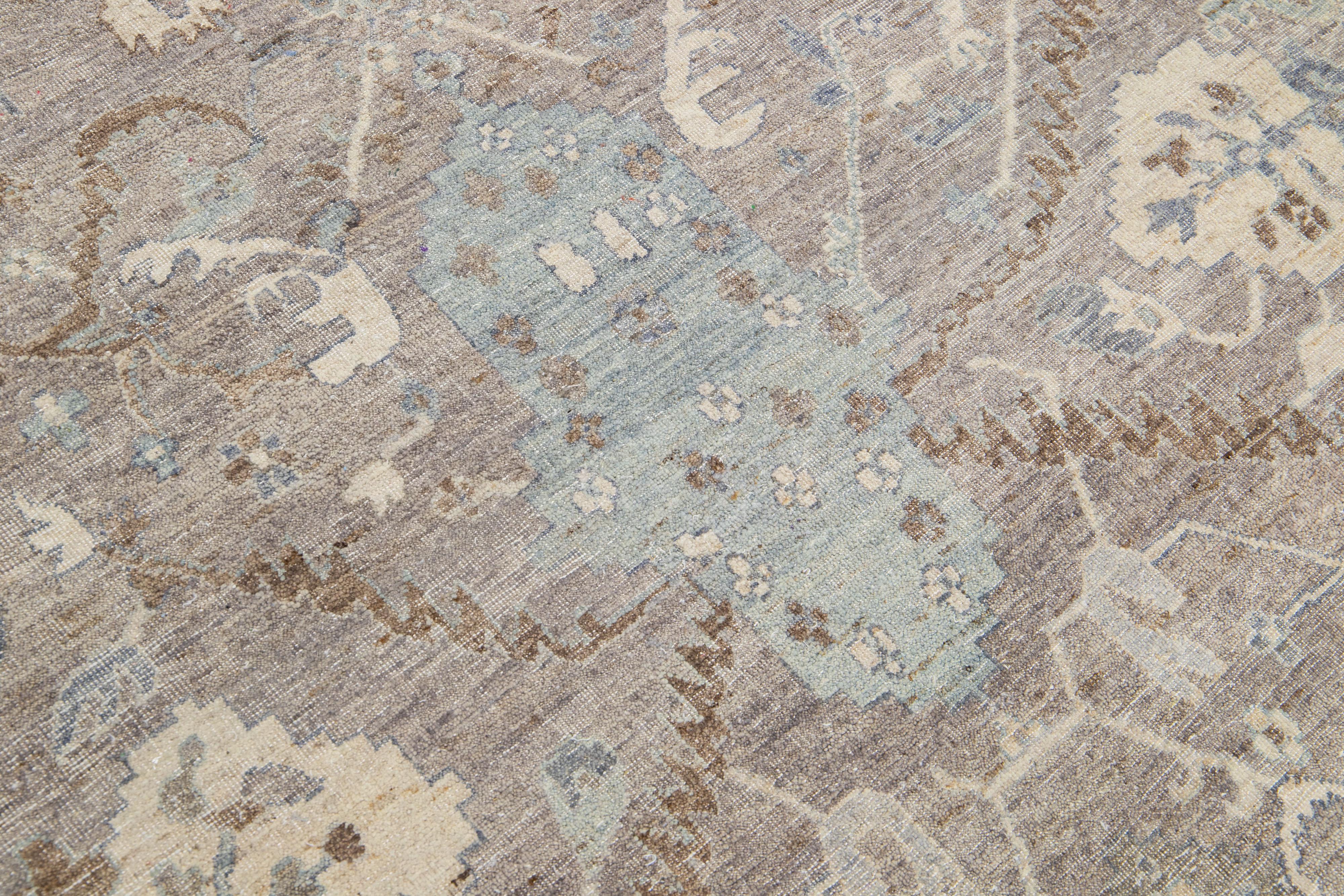 Gray Modern Tabriz Handmade Floral Indian Wool Rug By Apadana For Sale 1