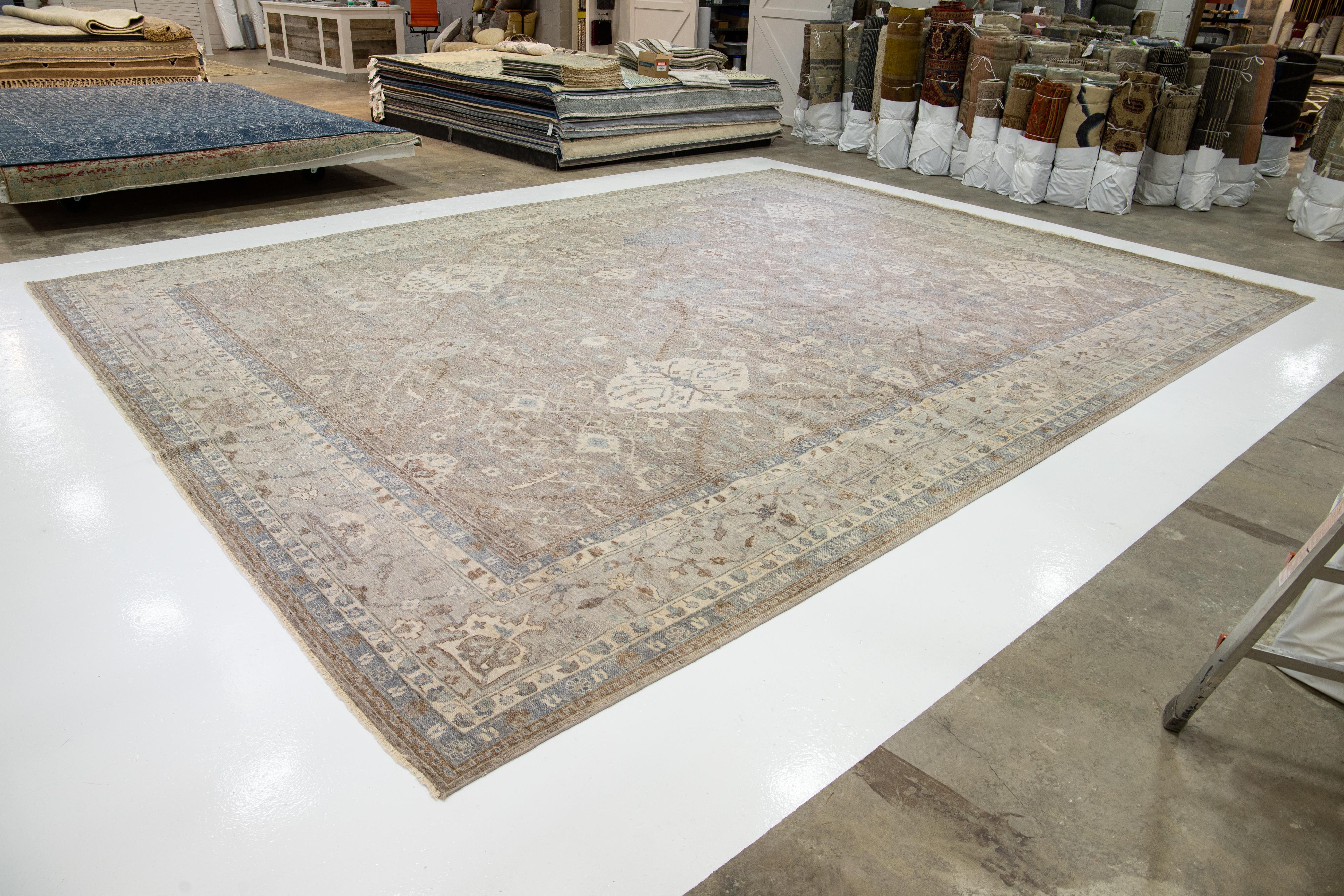 Gray Modern Tabriz Handmade Floral Indian Wool Rug By Apadana For Sale 2
