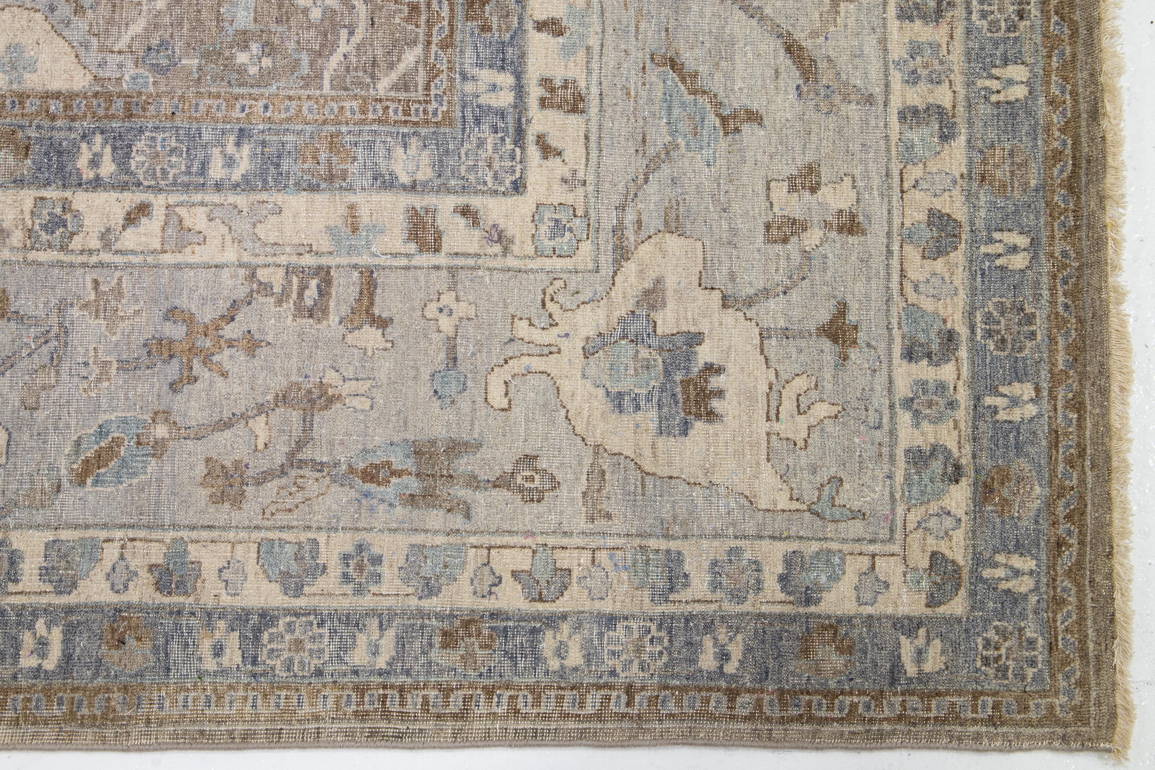 Gray Modern Tabriz Handmade Floral Indian Wool Rug By Apadana For Sale 4