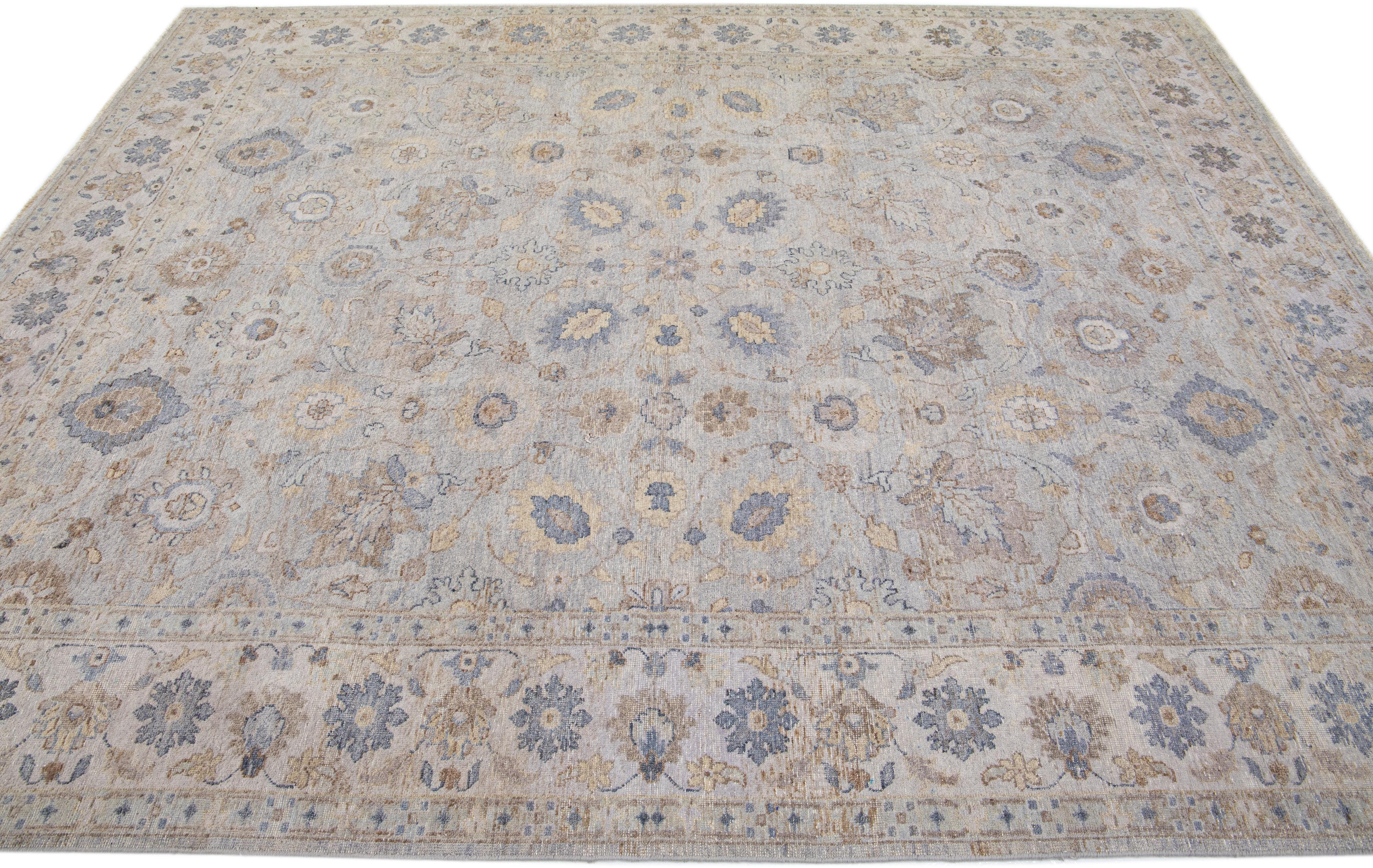 Gray Modern Tabriz Handmade Indian Wool Rug with Floral Design by Apadana In New Condition For Sale In Norwalk, CT