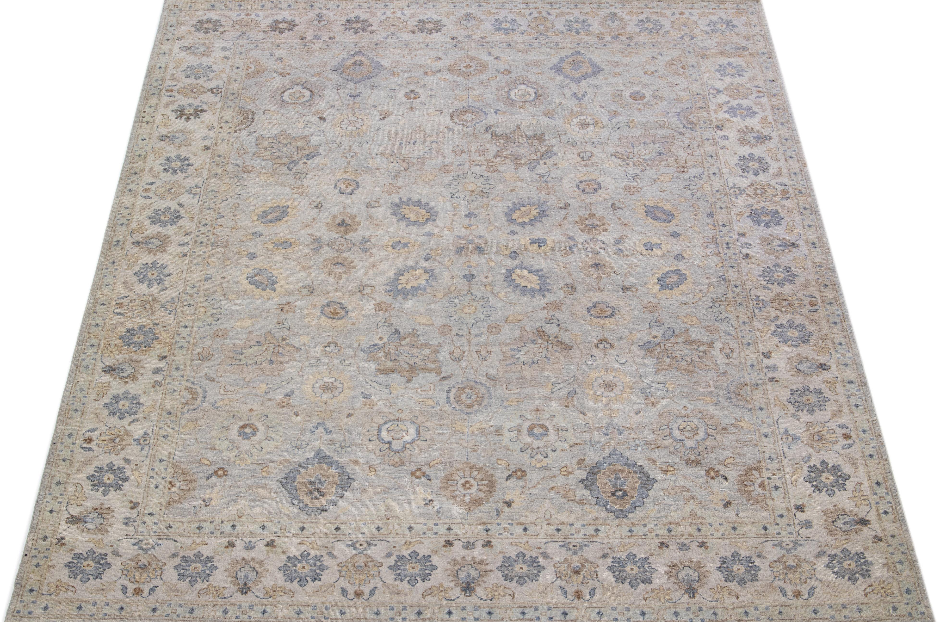 Contemporary Gray Modern Tabriz Handmade Indian Wool Rug with Floral Design by Apadana For Sale