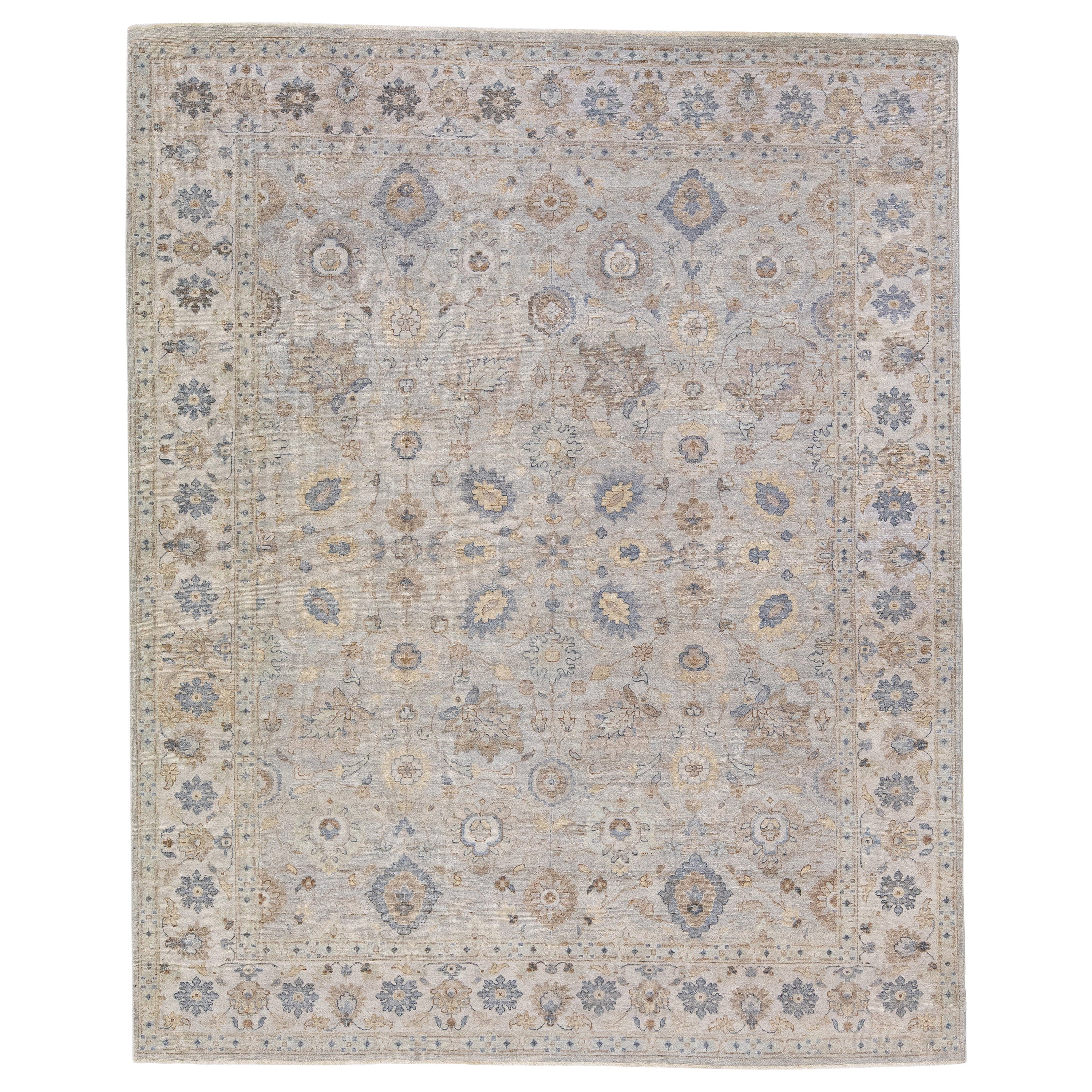 Tappeto Tabriz grigio moderno in lana indiana fatto a mano con disegno floreale di Apadana