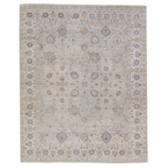 Moderner handgefertigter indischer Täbris-Wollteppich in Grau mit Blumenmuster von Apadana