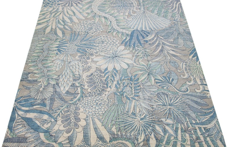 Gray Modern Transitional Handmade Wool Rug with Retro Bloom Design For ...