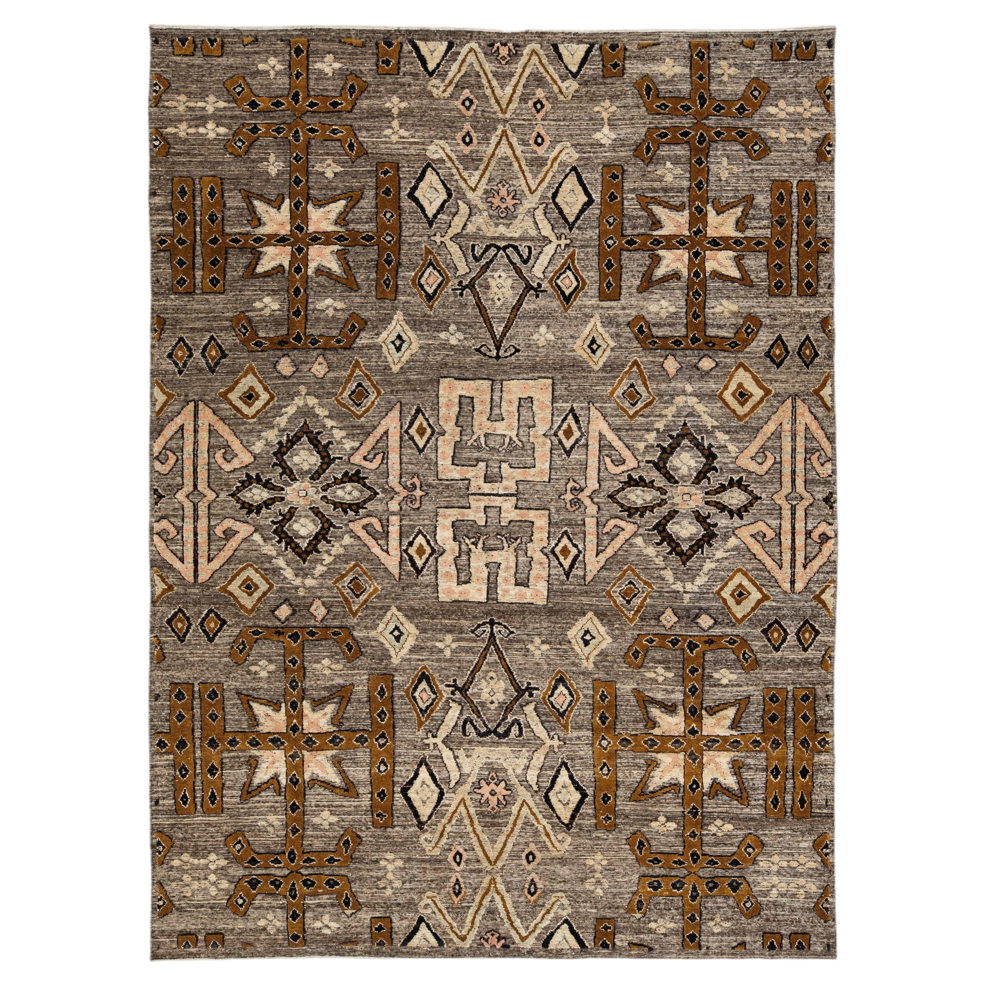 Gray Modern Tulu Plush Wool Area Rug Tribal African-Inspired Geometric Motif