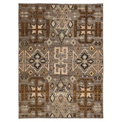 Tappeto grigio moderno Tulu in lana felpata Motivo geometrico tribale di ispirazione africana