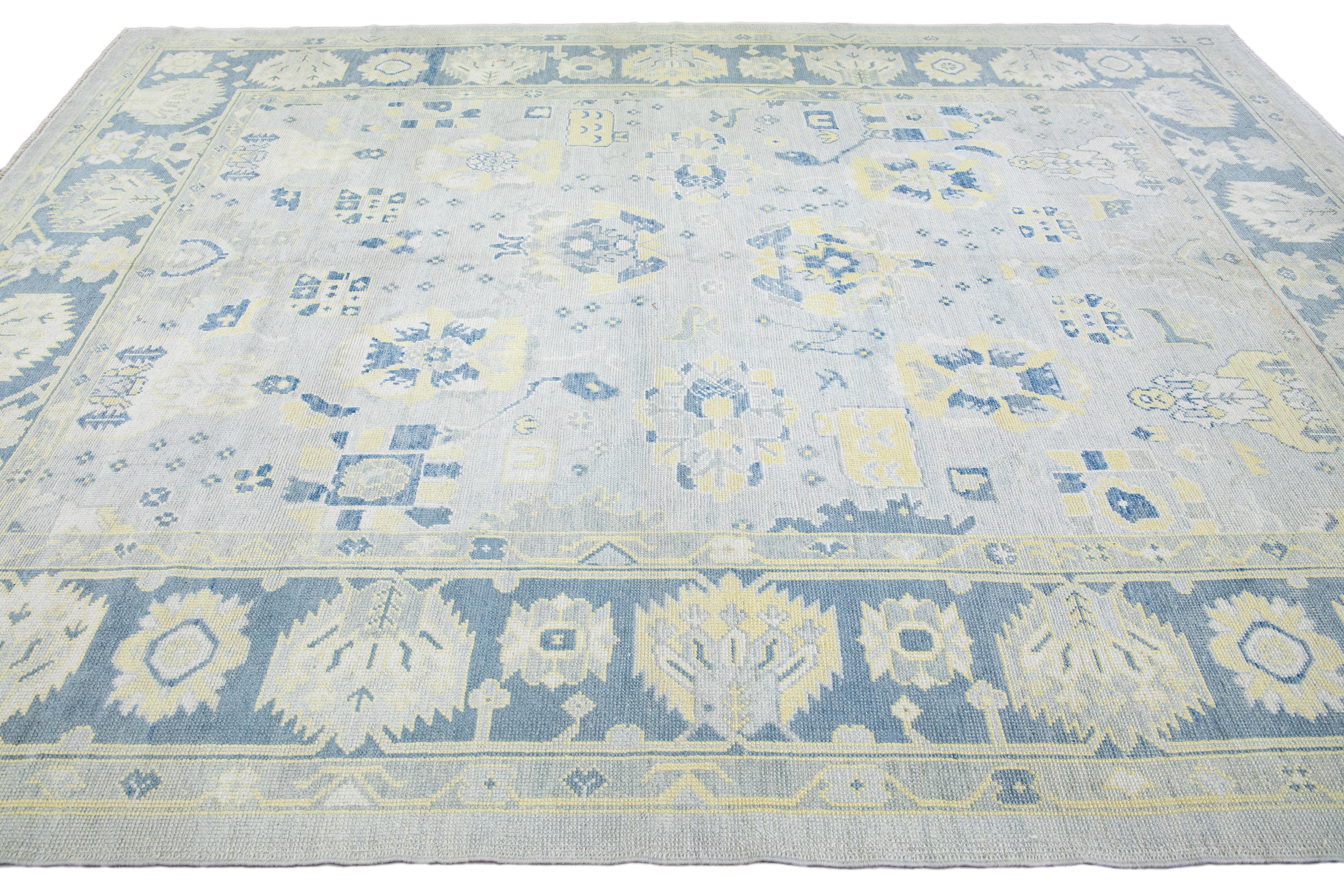 Contemporary Gray Modern Turkish Oushak Handmade Floral Pattern Wool Rug For Sale