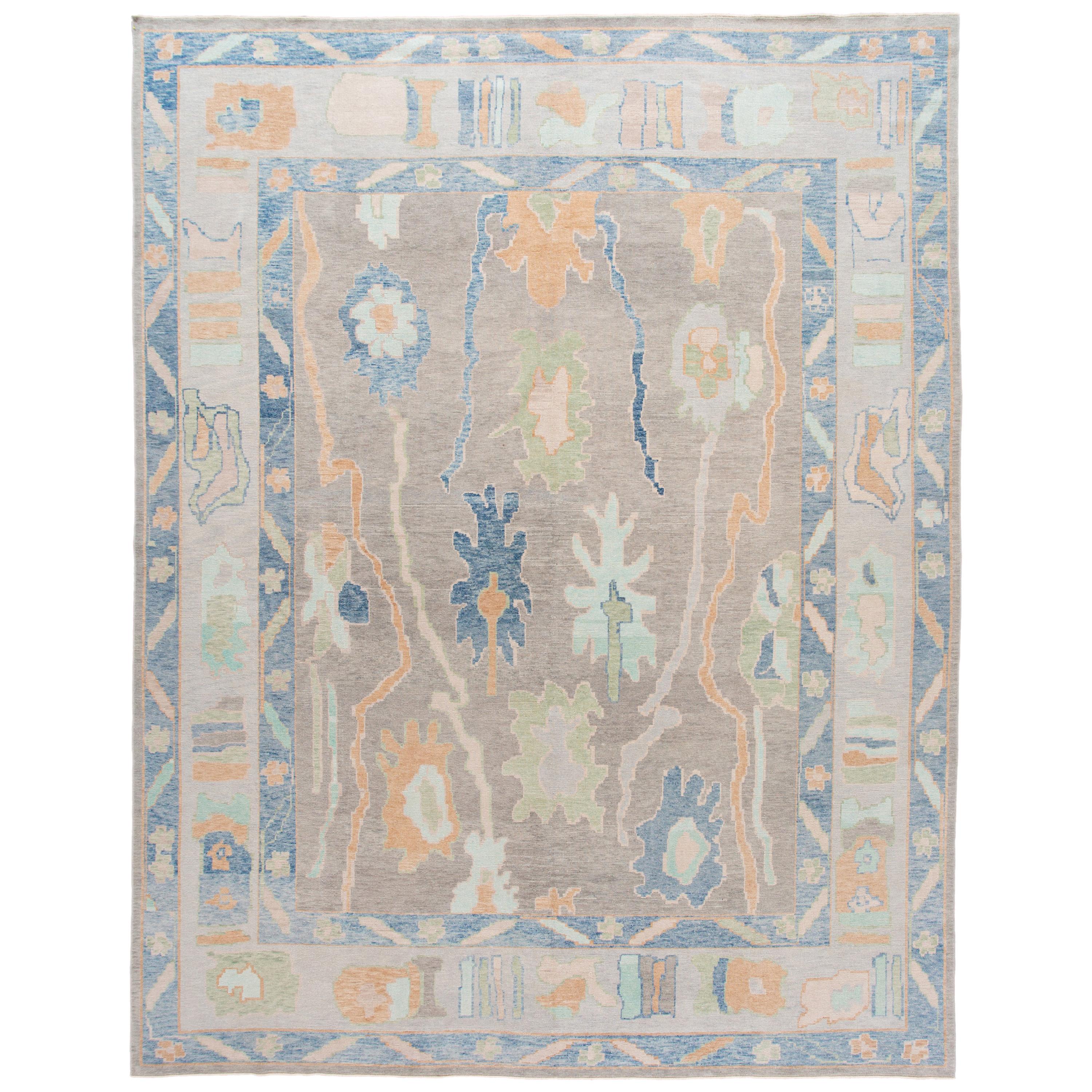 Pink And Gray Contemporary Handmade Wool Turkish Oushak Rug For Sale At 