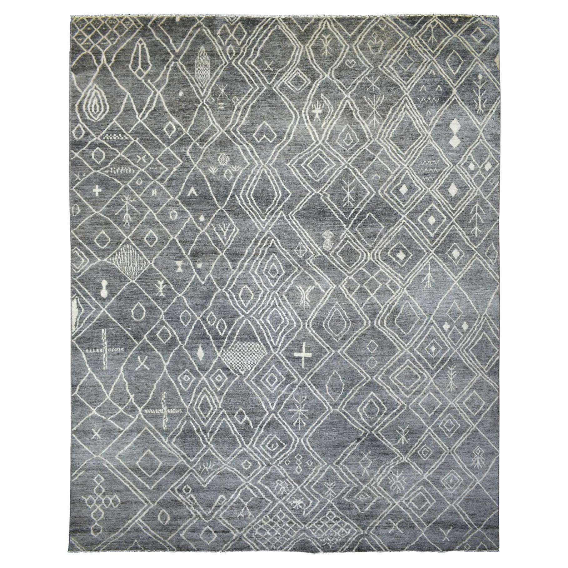 Alfombra Oriental Gris Bereber Marroquí de Lana Pura Anudada a Mano 12'4" x 15'1