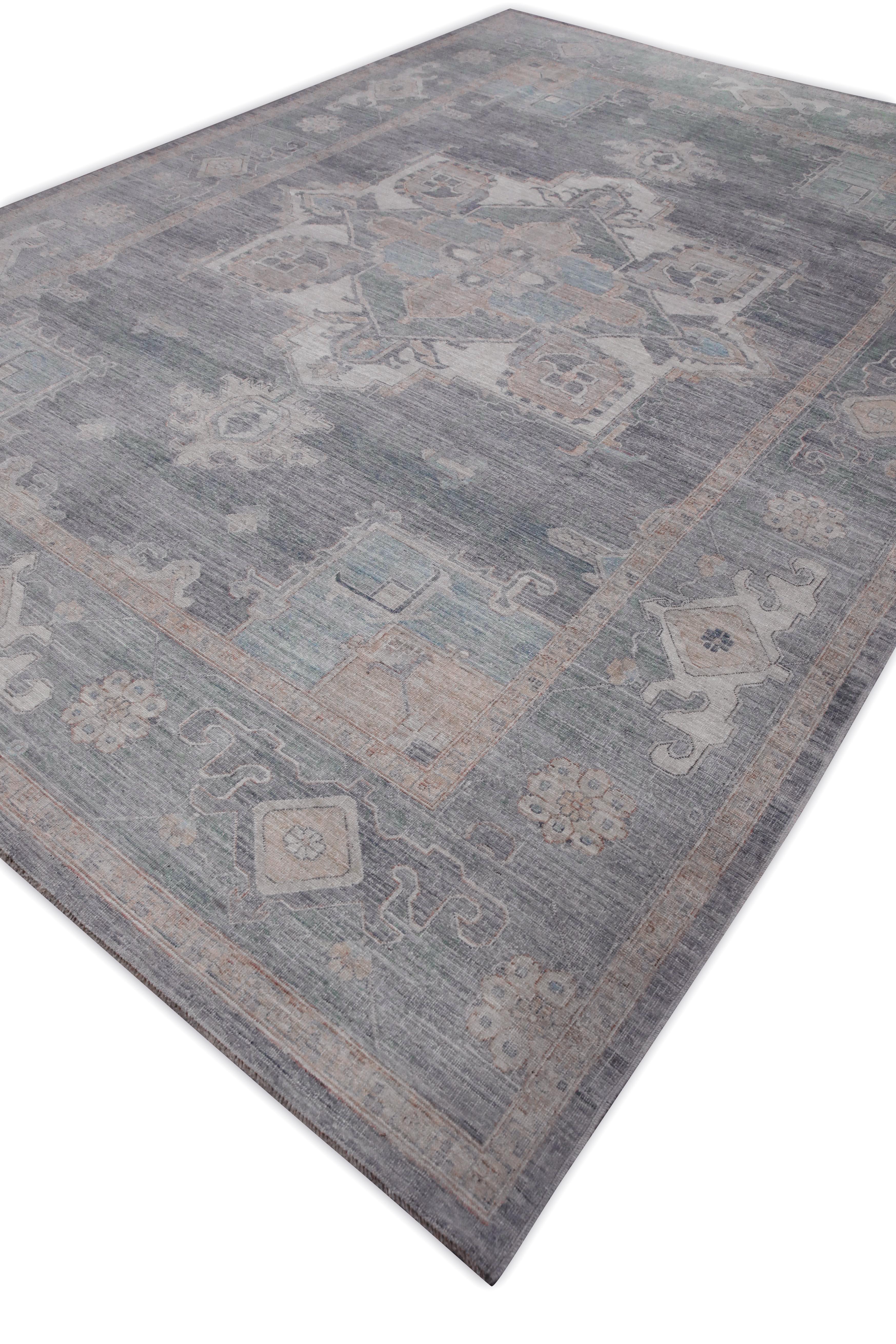 Contemporary Gray Multicolor Floral Design Handwoven Wool Turkish Oushak Rug 10'2