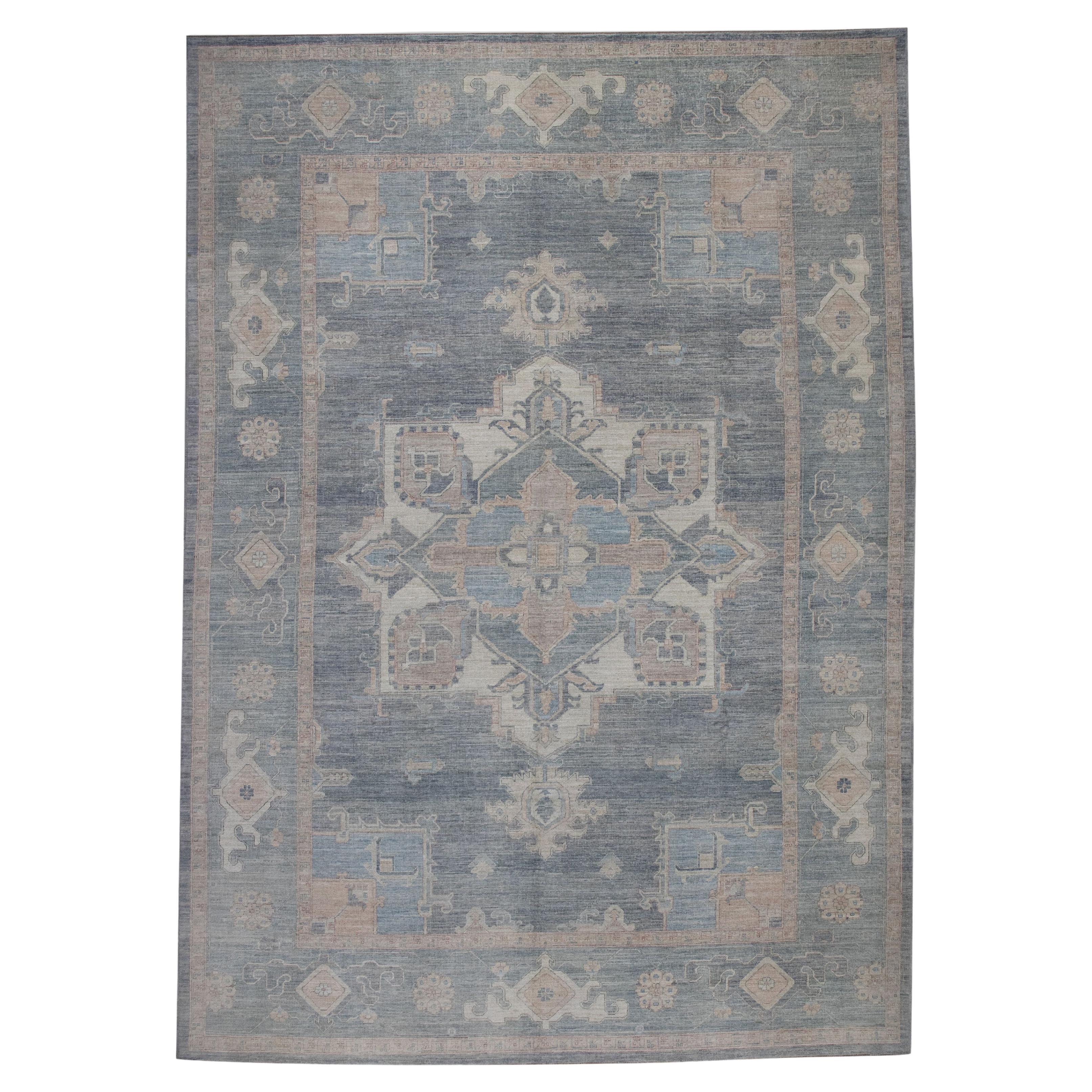 Gray Multicolor Floral Design Handwoven Wool Turkish Oushak Rug 10'2" X 14'5" For Sale