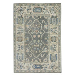 Gray Multicolor Floral Design Handwoven Wool Turkish Oushak Rug 4' x 5'10"
