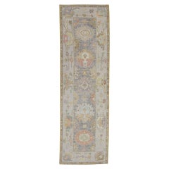 Grey Multicolor Floral Design Handwoven Wool Turkish Oushak Runner