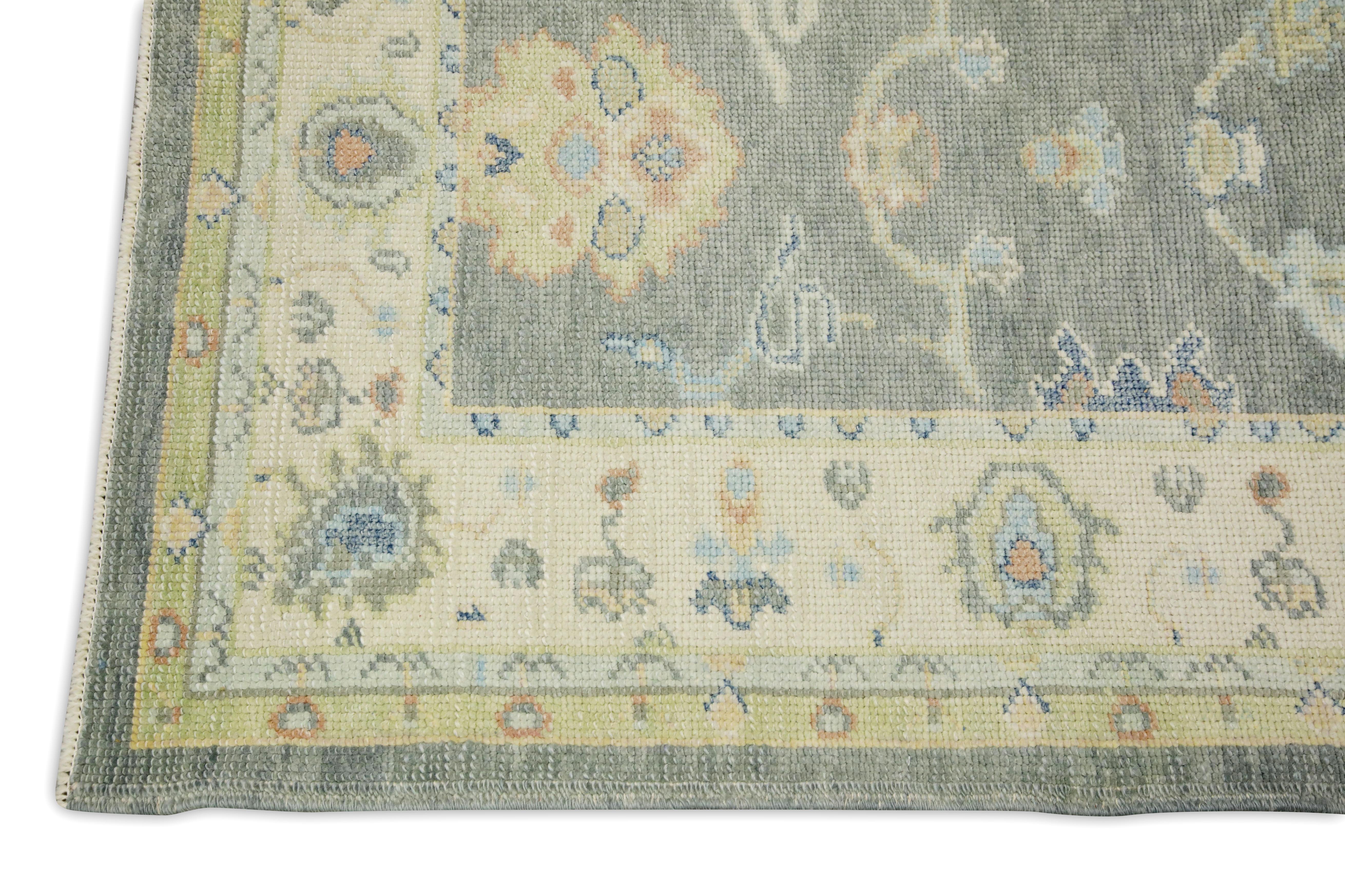 Hand-Woven Grey Multicolor Floral Design Handwoven Wool Turkish Oushak Runner For Sale