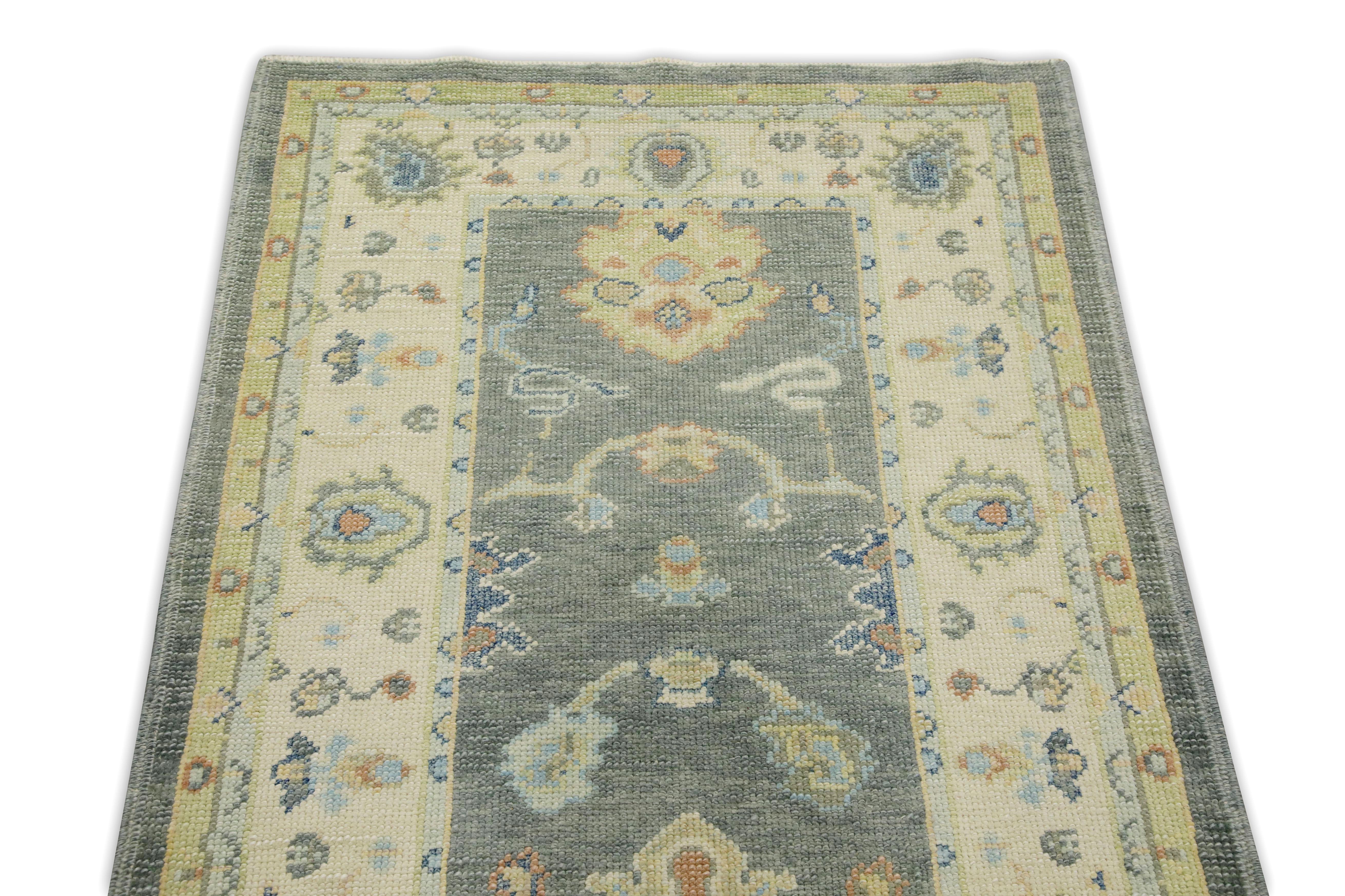 Grey Multicolor Floral Design Handwoven Wool Turkish Oushak Runner In New Condition For Sale In Houston, TX