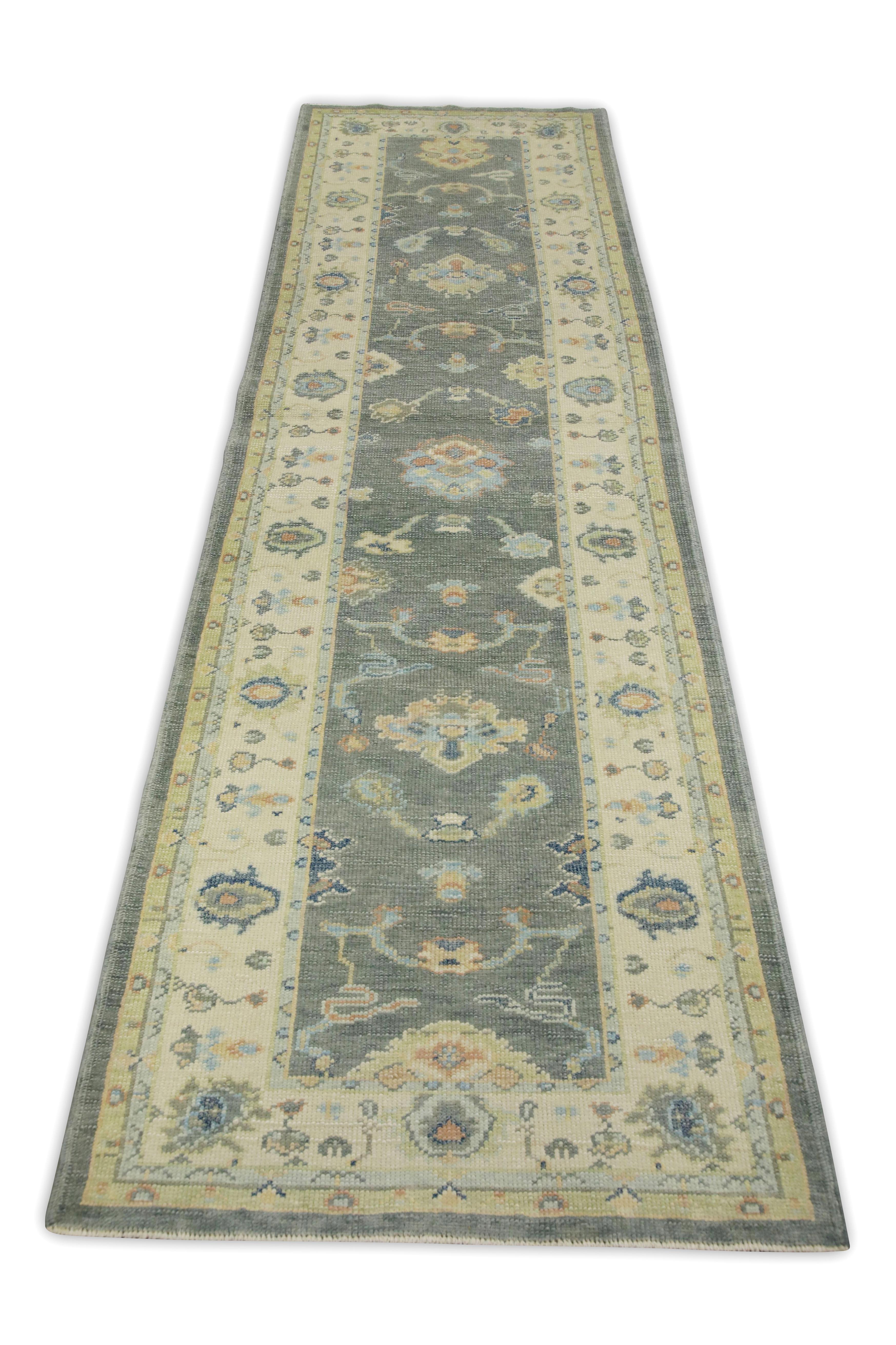 Contemporary Grey Multicolor Floral Design Handwoven Wool Turkish Oushak Runner For Sale