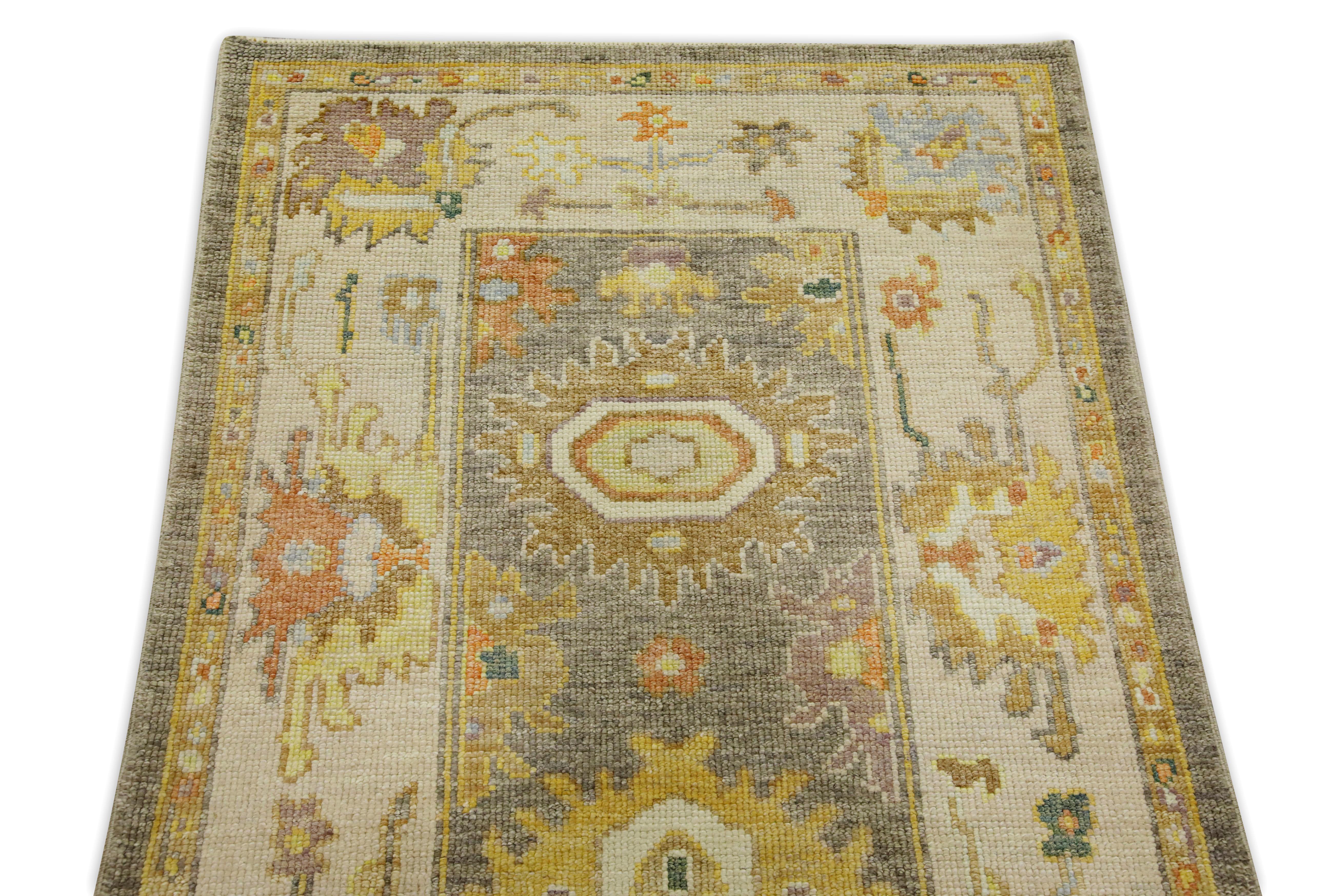 Gray Multicolor Floral Design Handwoven Wool Turkish Oushak Runner In New Condition For Sale In Houston, TX