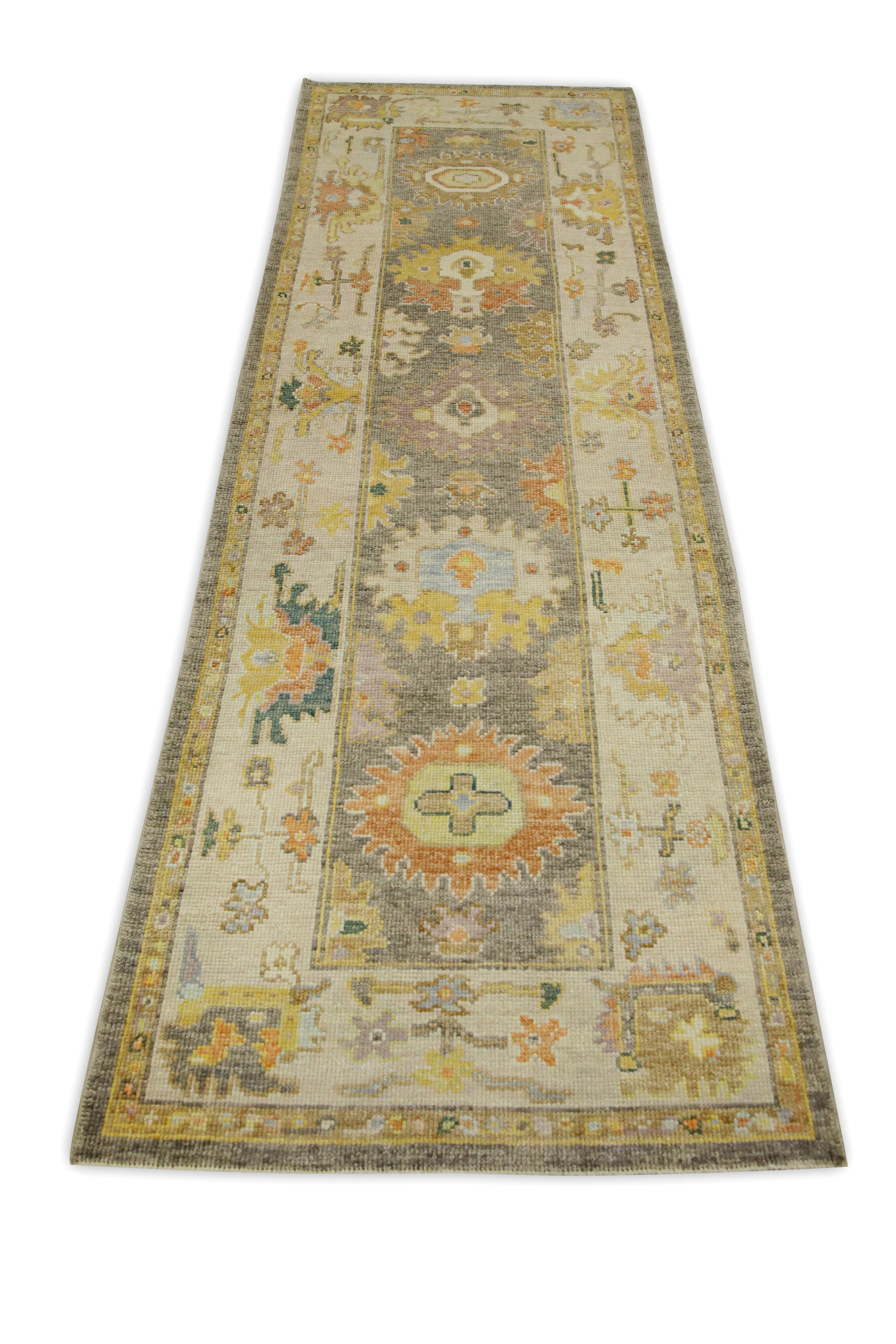 Contemporary Gray Multicolor Floral Design Handwoven Wool Turkish Oushak Runner For Sale