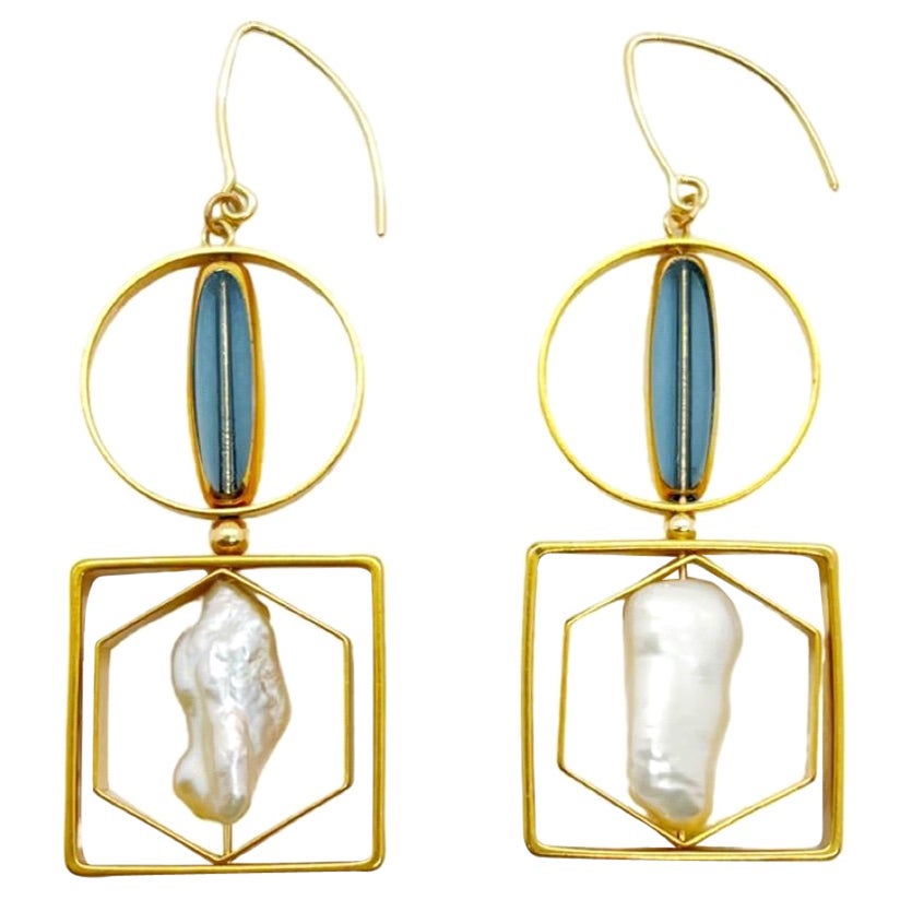 Boucles d'oreilles géométriques en forme oblongue x perle grise