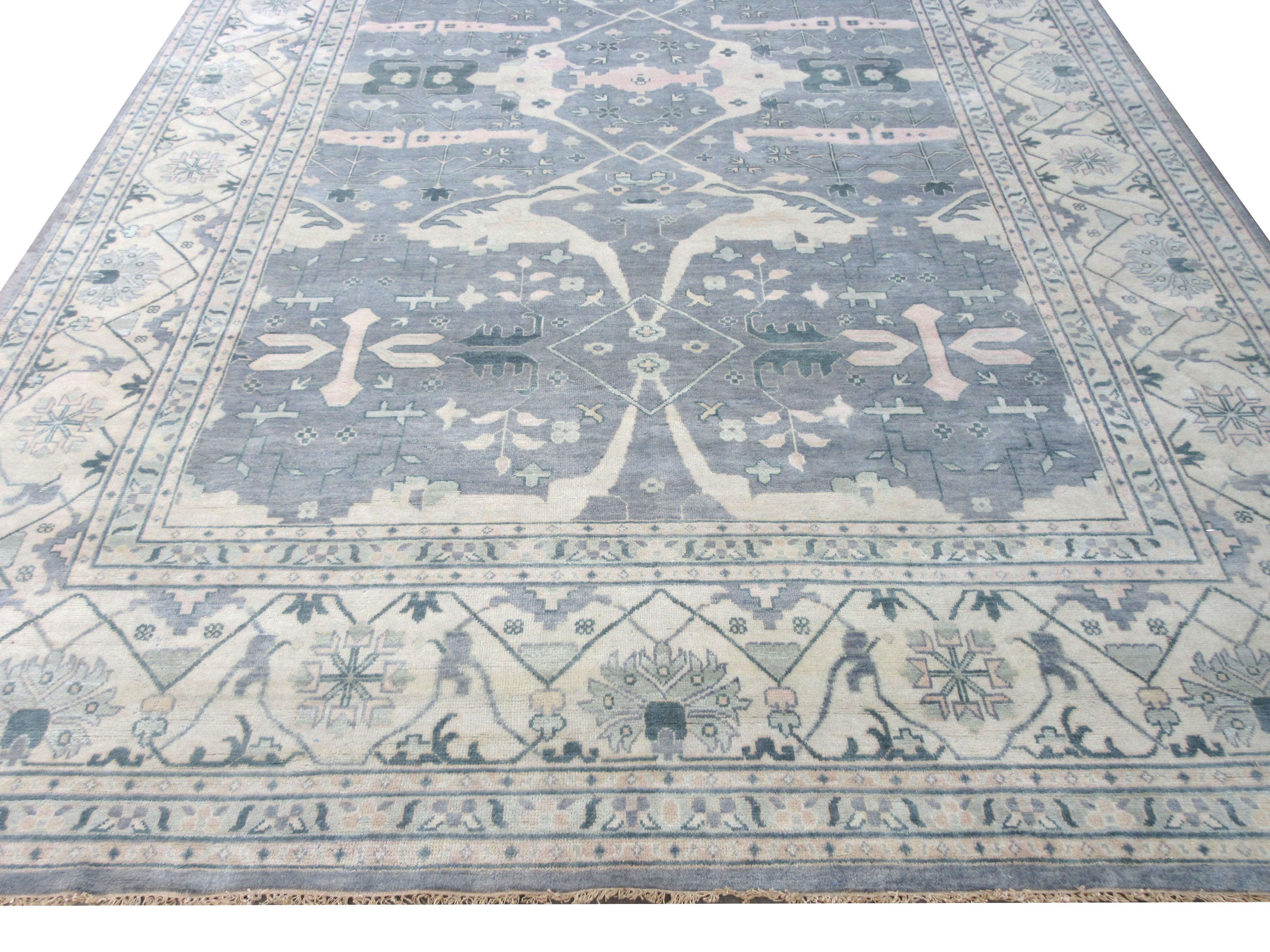 Hand-Knotted Gray Oushak Area Rug For Sale