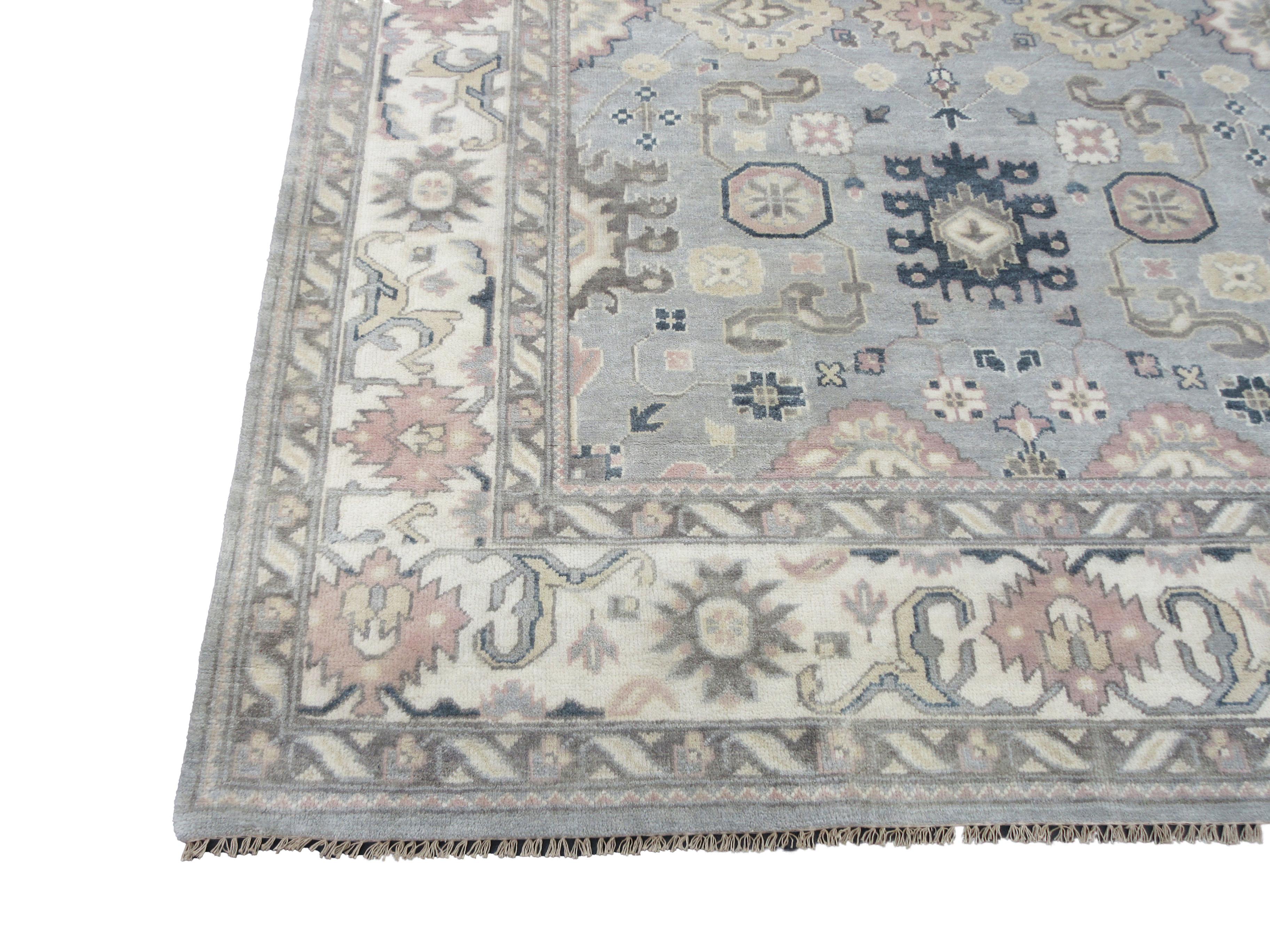 Hand-Knotted Gray Oushak Area Rug For Sale
