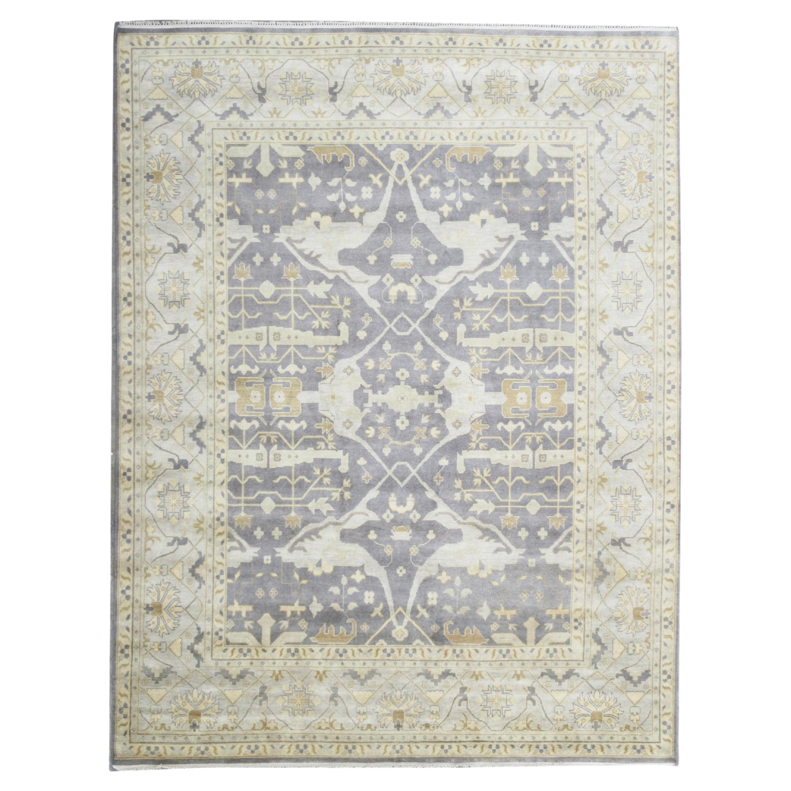 Gray Oushak Hand-Knotted Rug For Sale