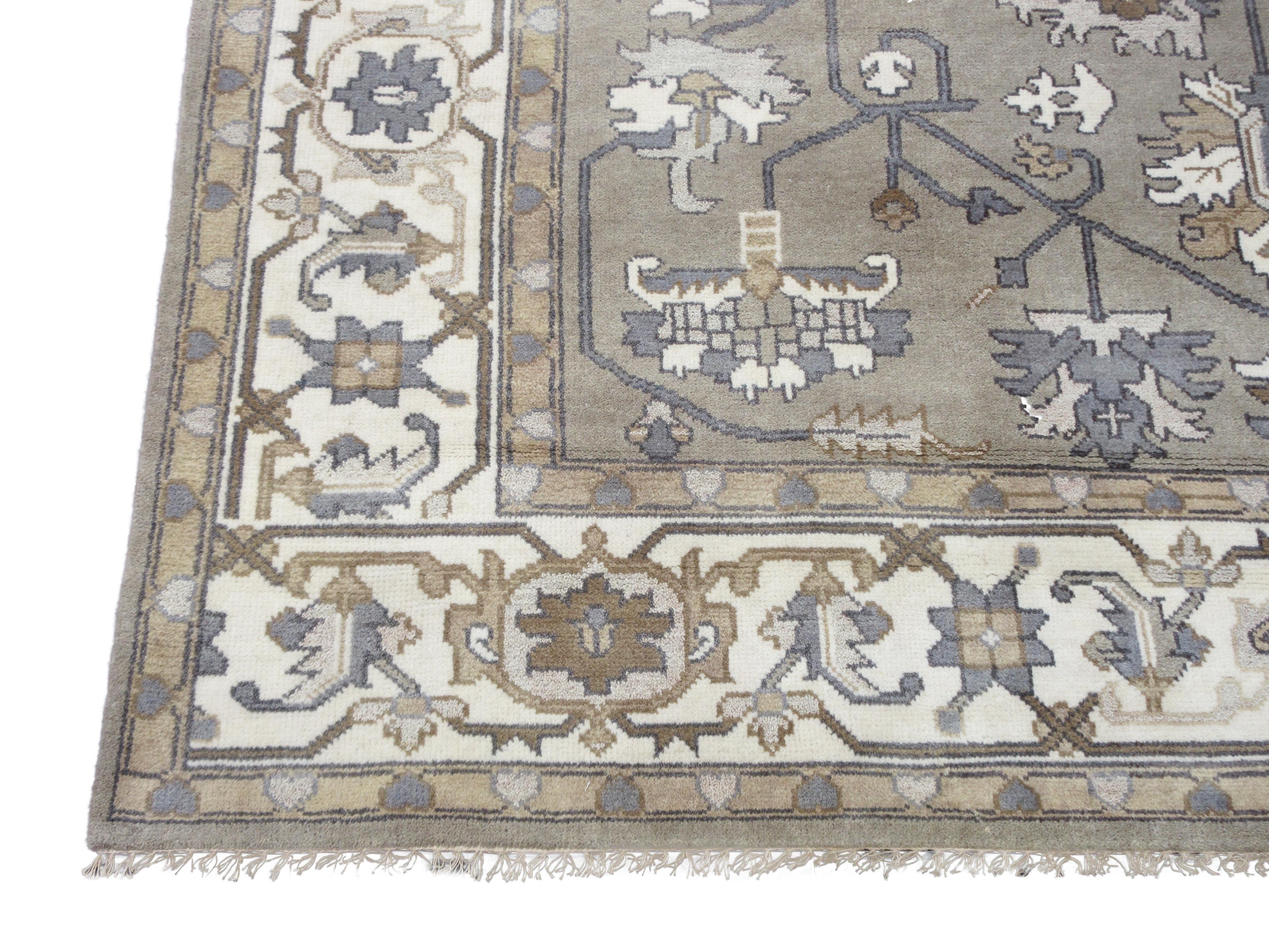 Hand-Knotted Gray Oushak Serapi Area Rug For Sale