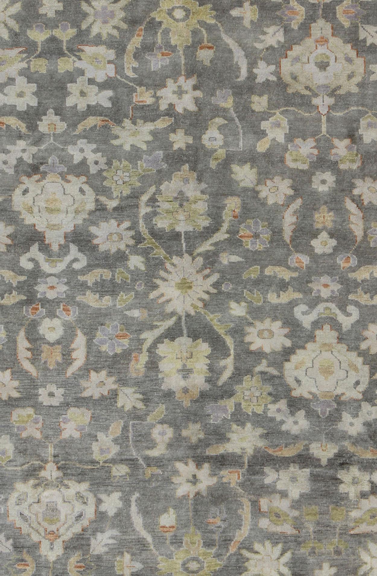 Hand-Knotted Gray Oushak with All-Over Floral Design in Green, Taupe and Orange Accents For Sale