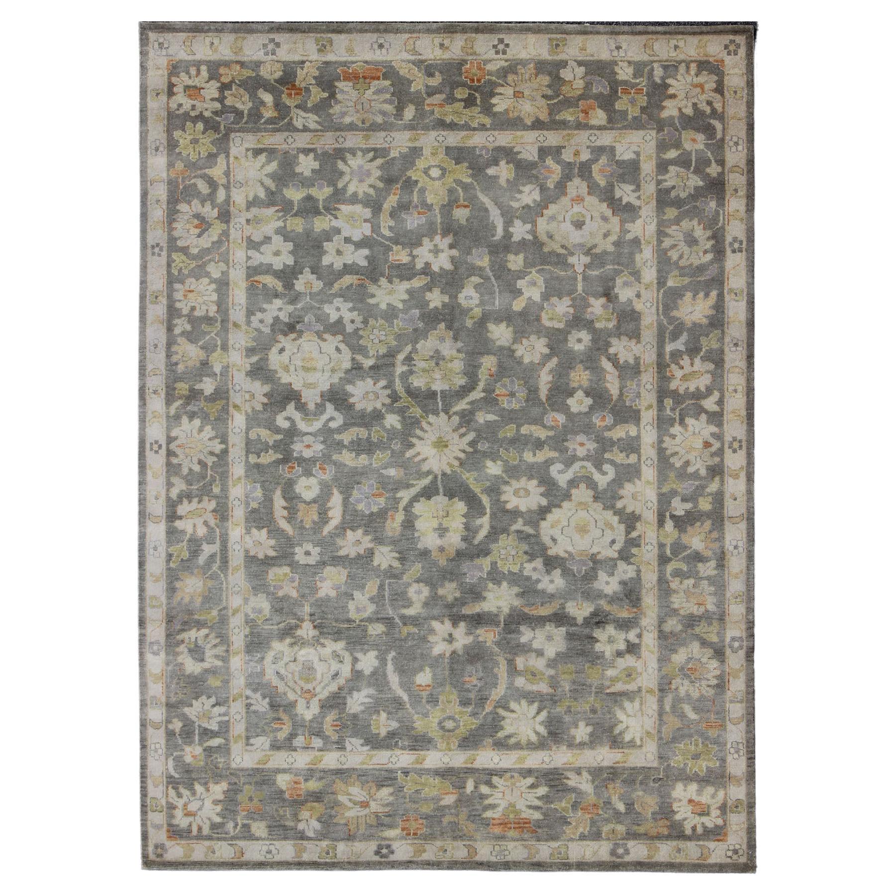 Gray Oushak with All-Over Floral Design in Green, Taupe and Orange Accents For Sale
