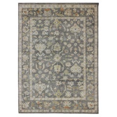 Gray Oushak with All-Over Floral Design in Green, Taupe and Orange Accents