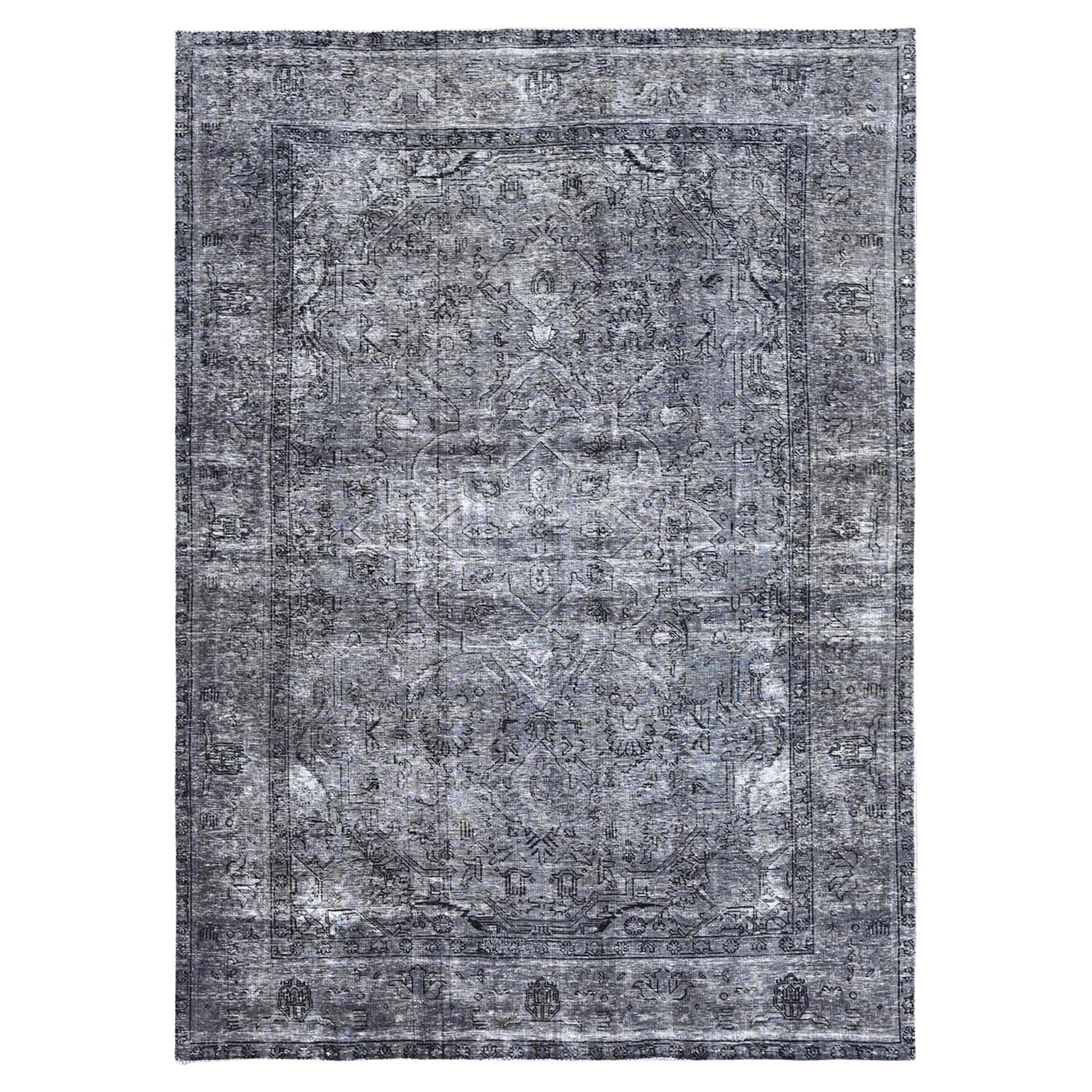 Gray Overdyed Worn Wool Hand Knotted Vintage Persian Tabriz Distressed Look Rug For Sale