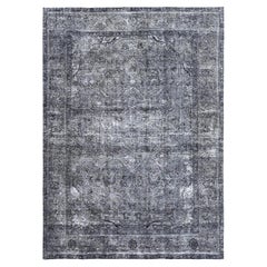 Gray Overdyed Worn Wool Hand Knotted Retro Persian Tabriz Distressed Look Rug
