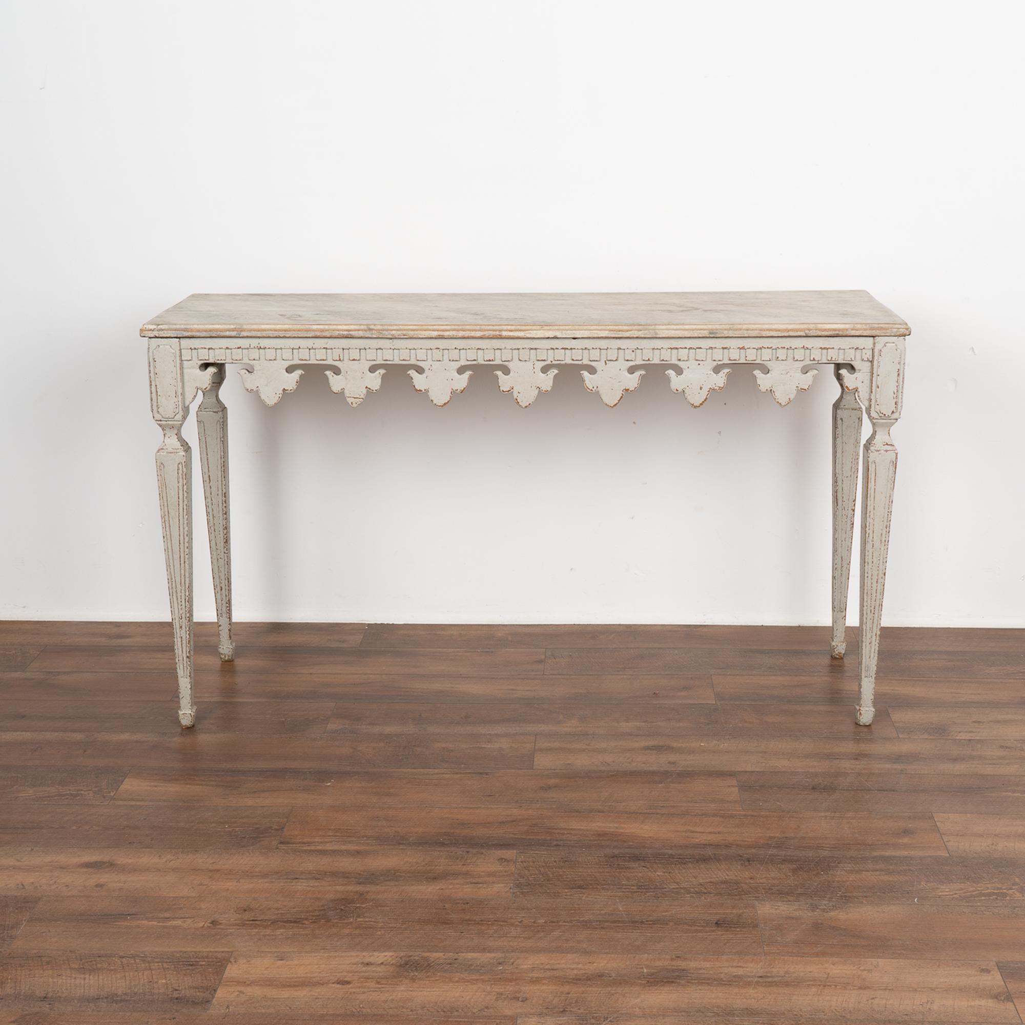 Gustavian Gray Painted Console Table With Carved Fleur De Lis Skirt, Sweden circa 1880