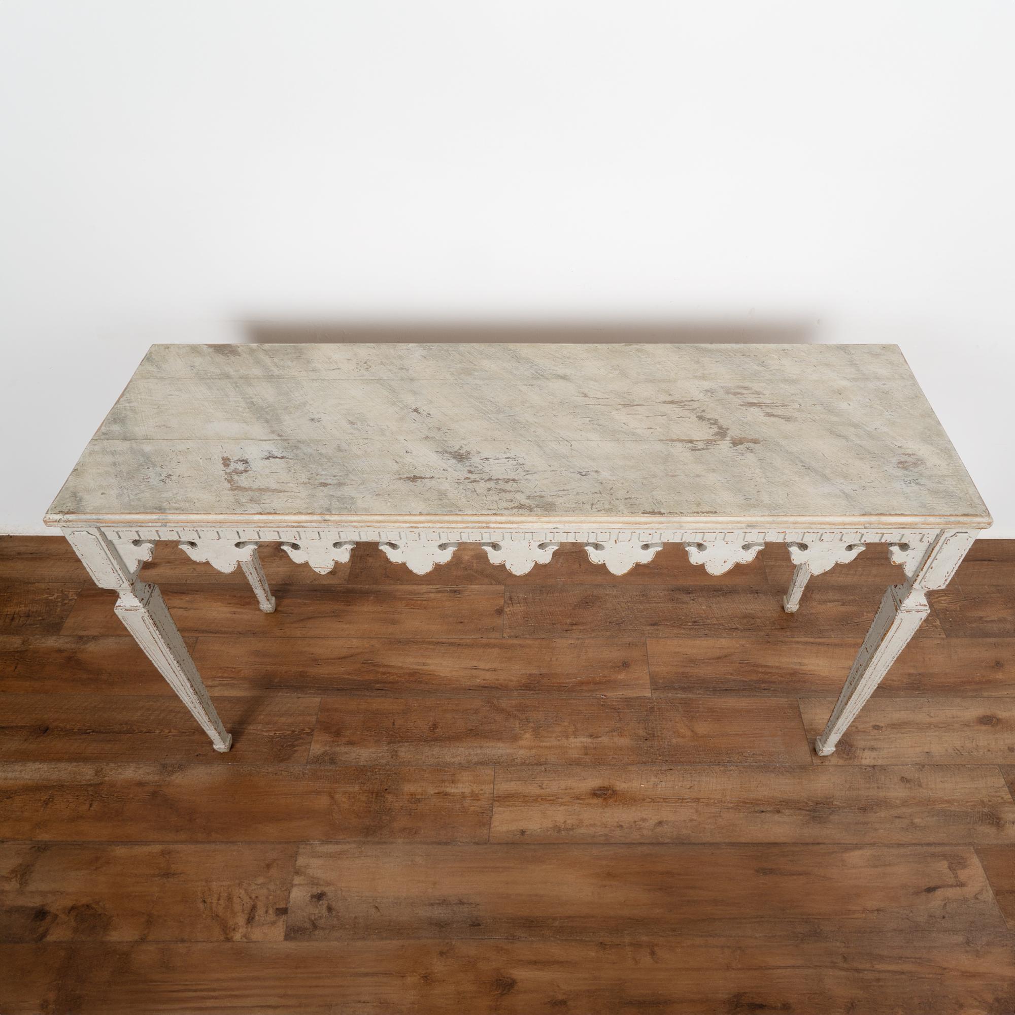 Swedish Gray Painted Console Table With Carved Fleur De Lis Skirt, Sweden circa 1880