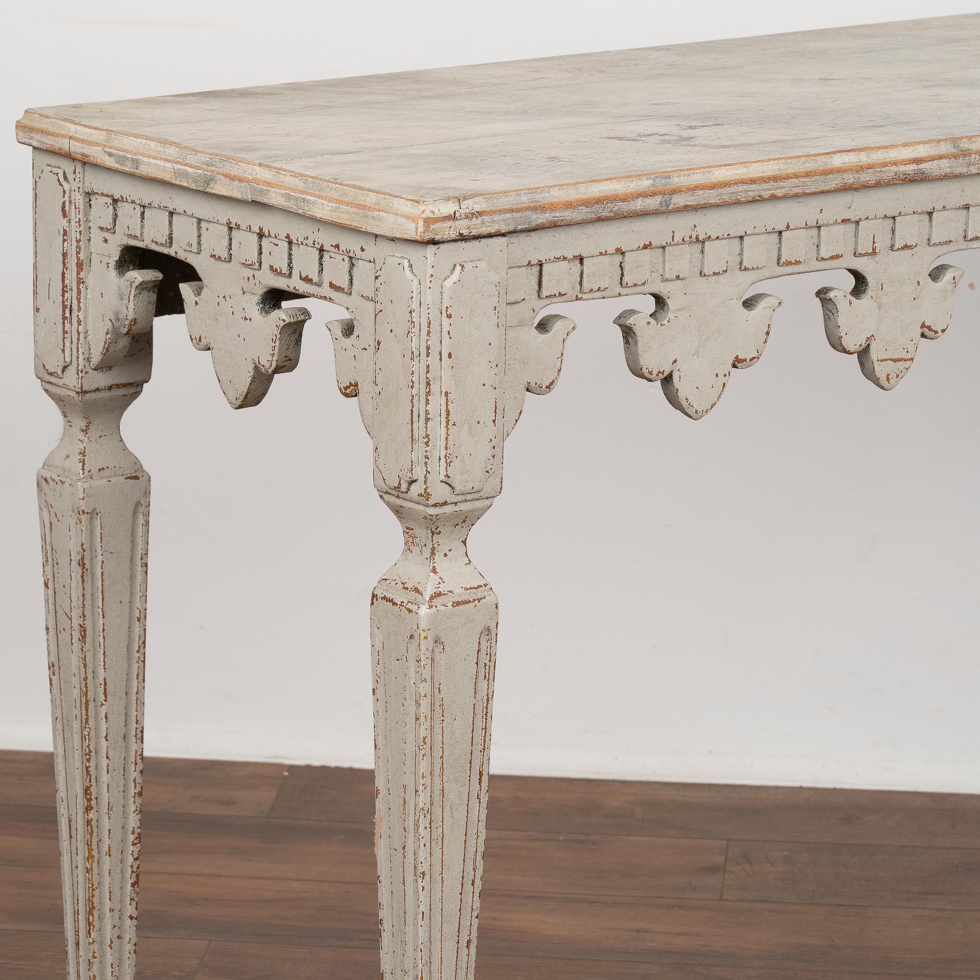 19th Century Gray Painted Console Table With Carved Fleur De Lis Skirt, Sweden circa 1880