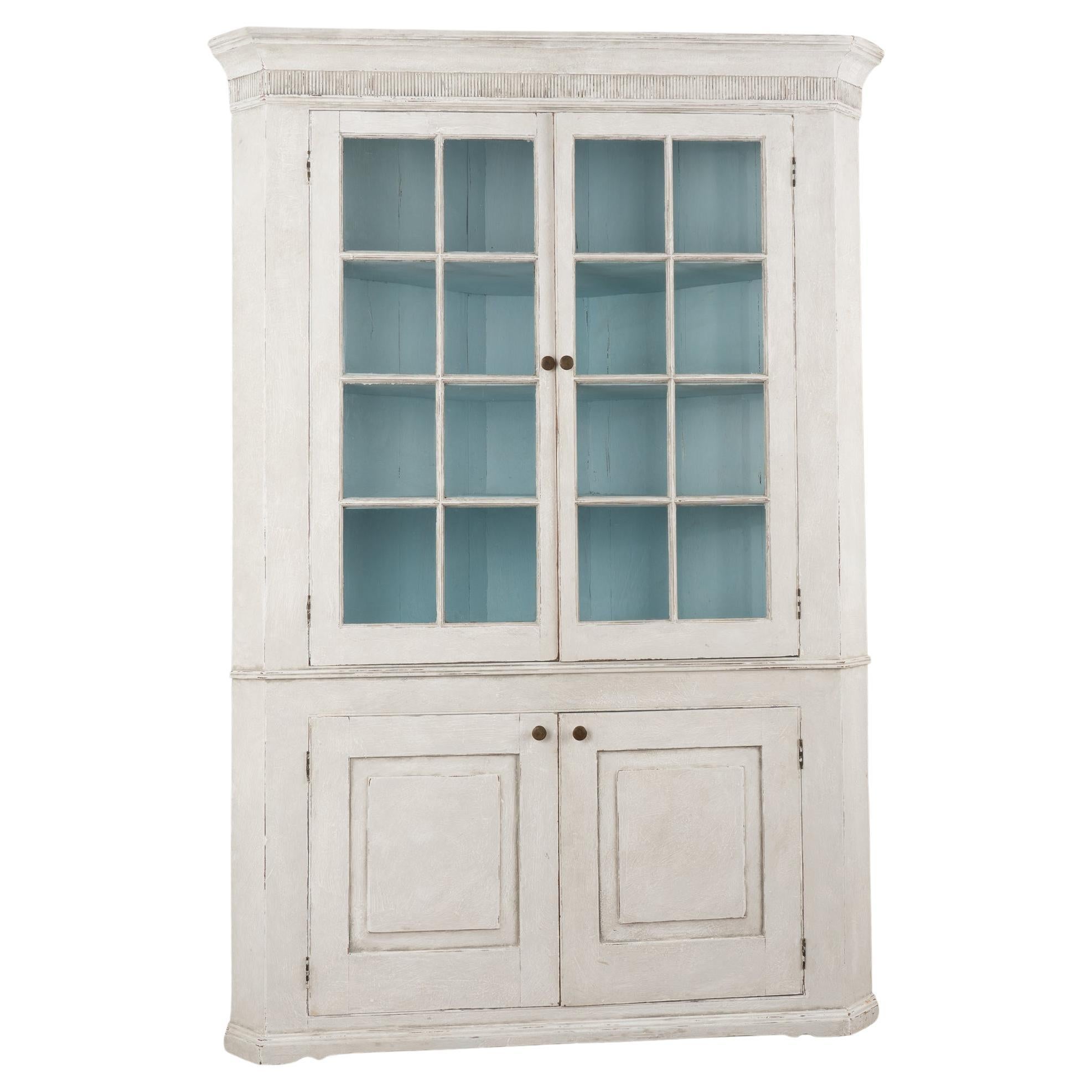 Gray Painted Corner Cabinet With Pane Glass, Sweden circa 1840-60 For Sale