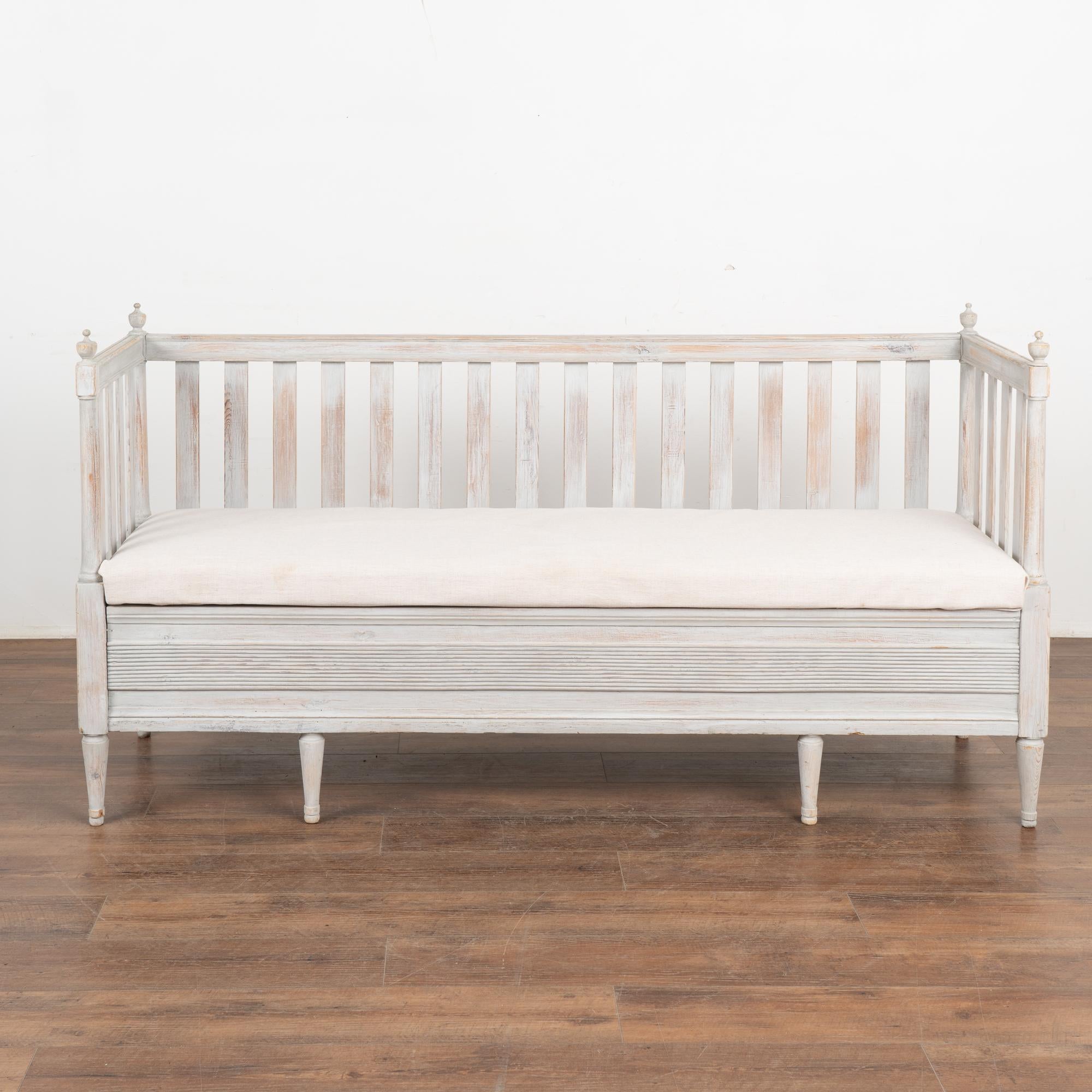 19th Century Gray Painted Gustavian Bench With Storage, Sweden circa 1840 For Sale