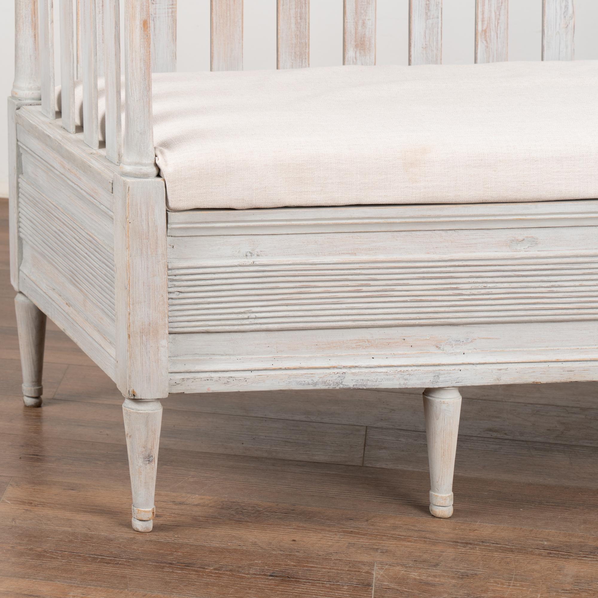 Linen Gray Painted Gustavian Bench With Storage, Sweden circa 1840 For Sale