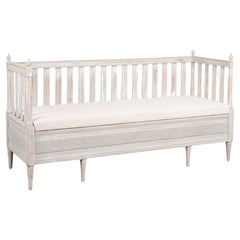 Gray Painted Gustavian Bench With Storage, Sweden circa 1840