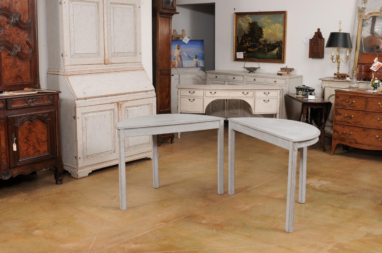 Gray Painted Gustavian Style 1890s Demilune Tables with Carved Dentil, a Pair For Sale 5