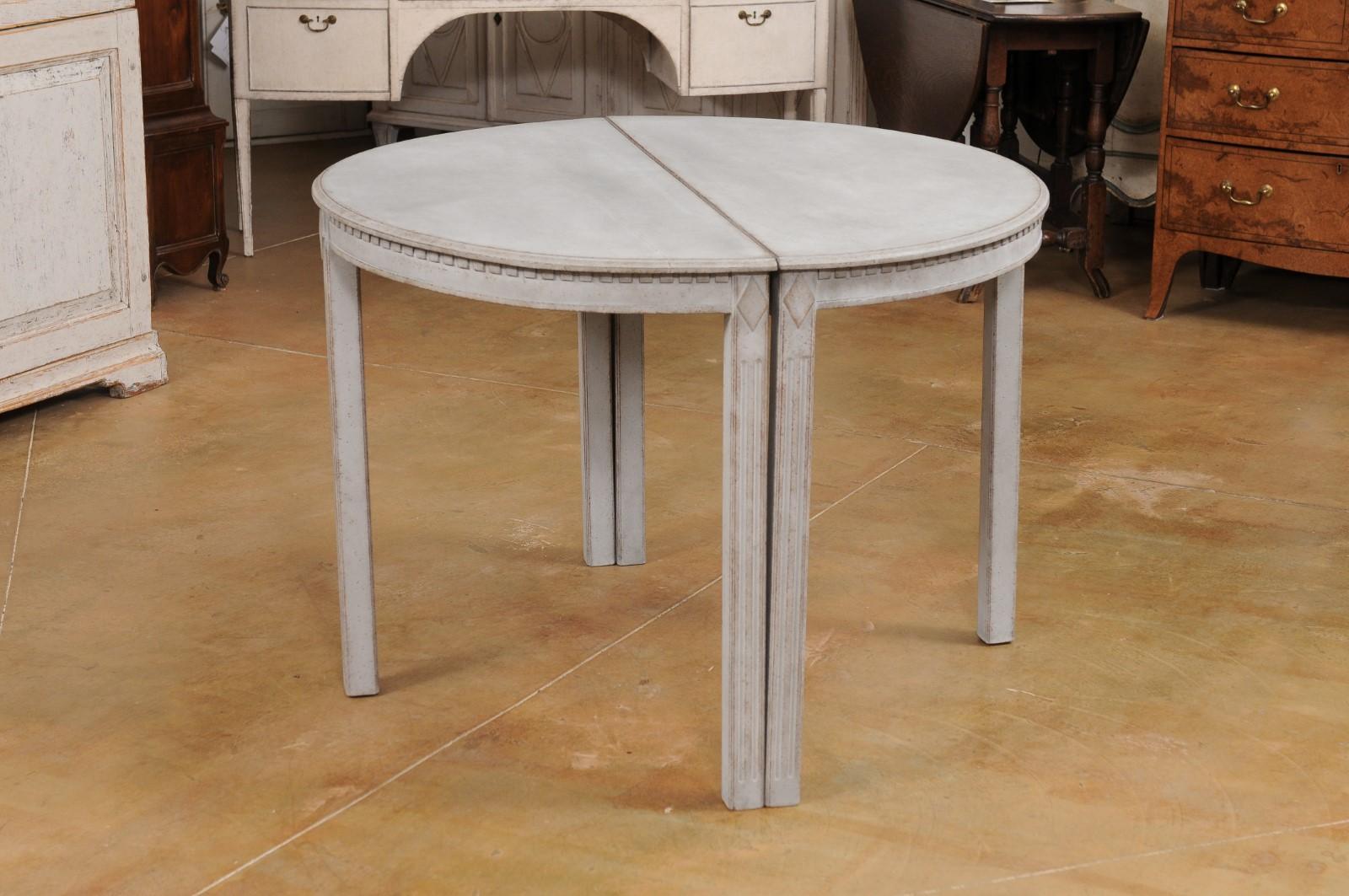 Gray Painted Gustavian Style 1890s Demilune Tables with Carved Dentil, a Pair For Sale 6