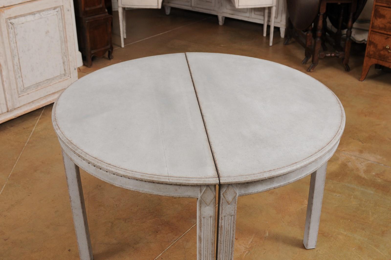 Gray Painted Gustavian Style 1890s Demilune Tables with Carved Dentil, a Pair For Sale 7