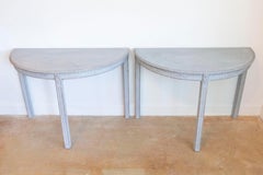 Gray Painted Gustavian Style 1890s Demilune Tables with Carved Dentil, a Pair