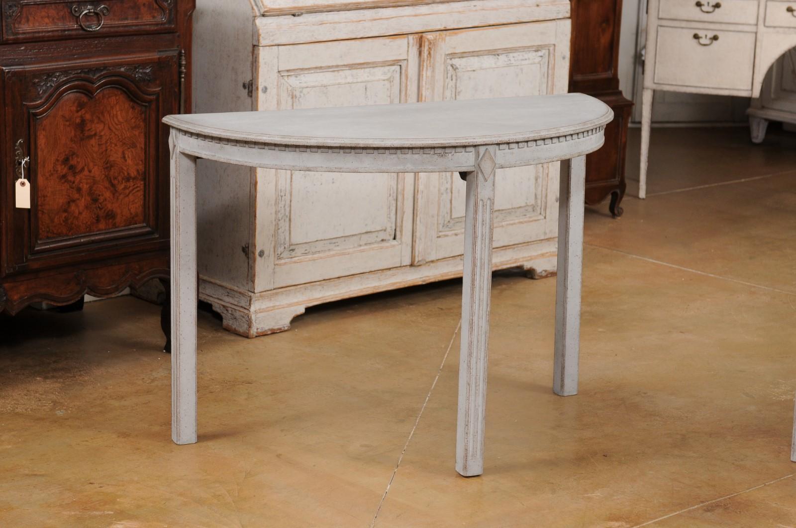 Gray Painted Gustavian Style 1890s Demilune Tables with Carved Dentil, a Pair In Good Condition For Sale In Atlanta, GA