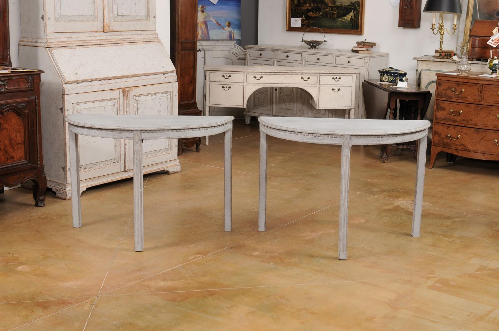 19th Century Gray Painted Gustavian Style 1890s Demilune Tables with Carved Dentil, a Pair For Sale
