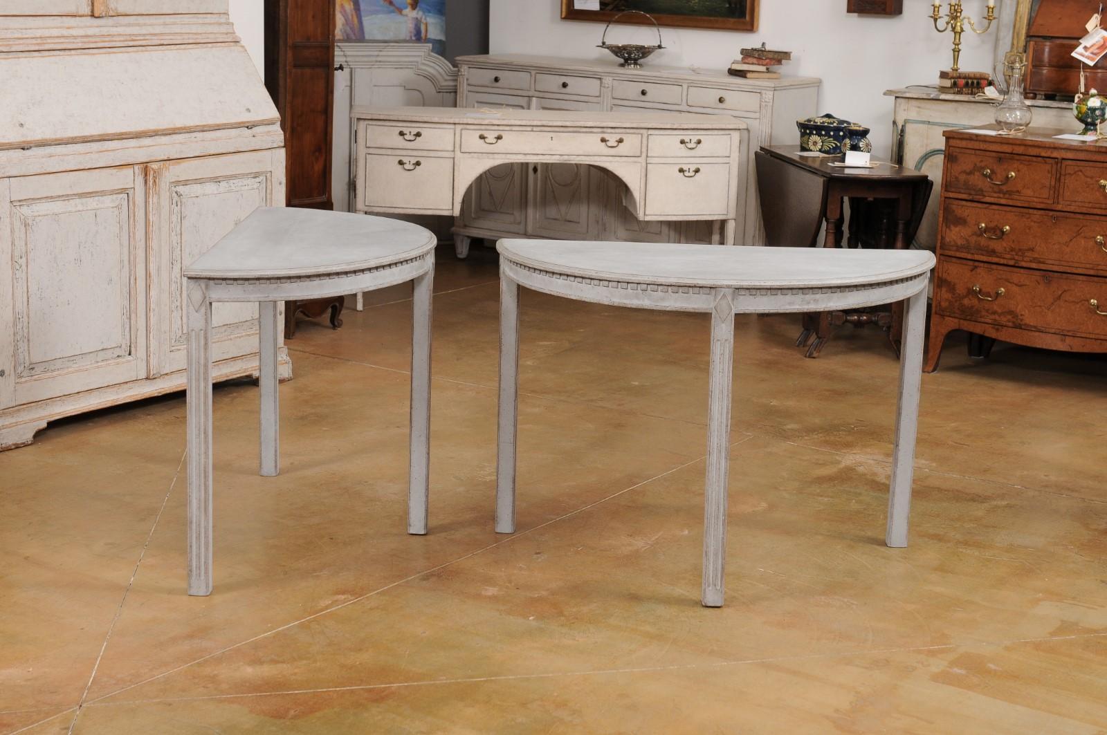 Wood Gray Painted Gustavian Style 1890s Demilune Tables with Carved Dentil, a Pair For Sale