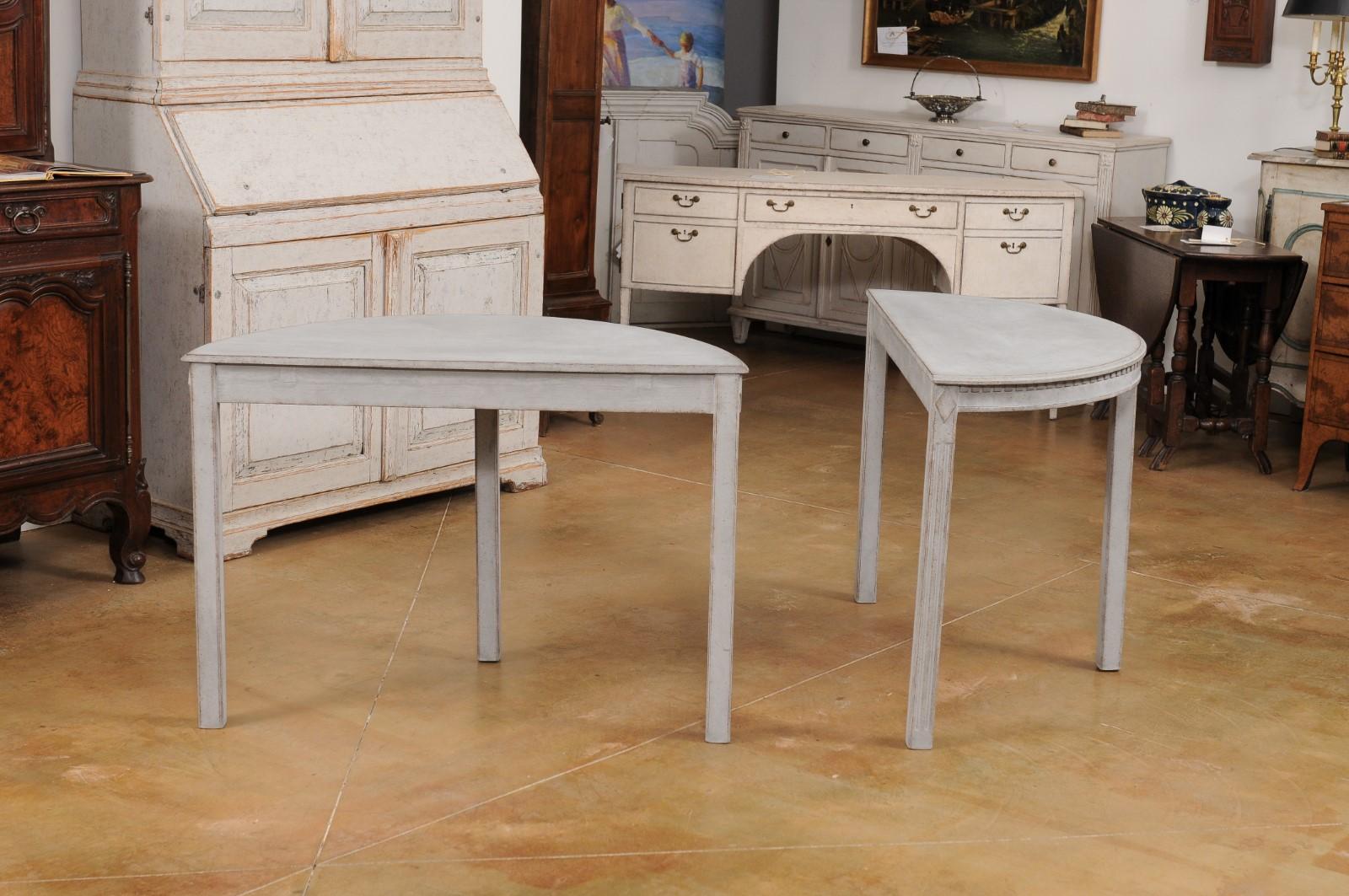 Gray Painted Gustavian Style 1890s Demilune Tables with Carved Dentil, a Pair For Sale 1