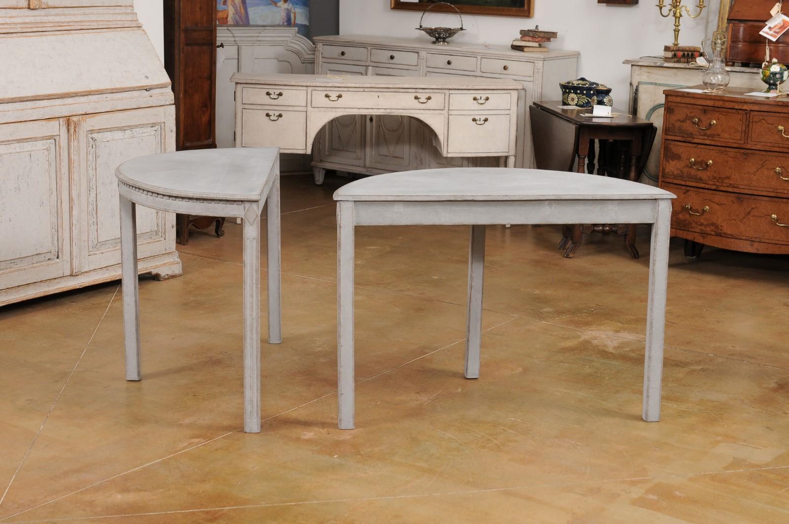 Gray Painted Gustavian Style 1890s Demilune Tables with Carved Dentil, a Pair For Sale 2