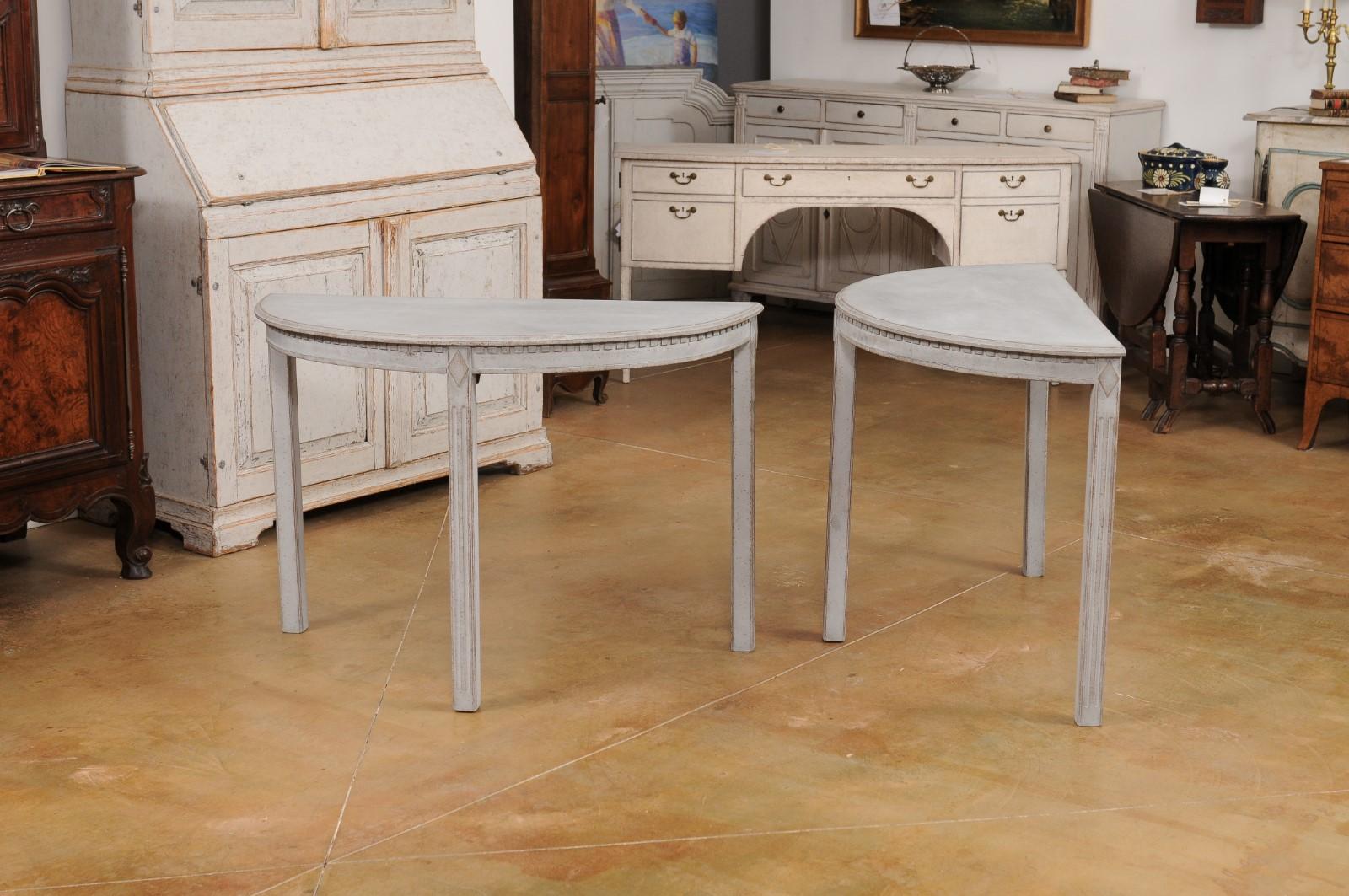 Gray Painted Gustavian Style 1890s Demilune Tables with Carved Dentil, a Pair For Sale 3